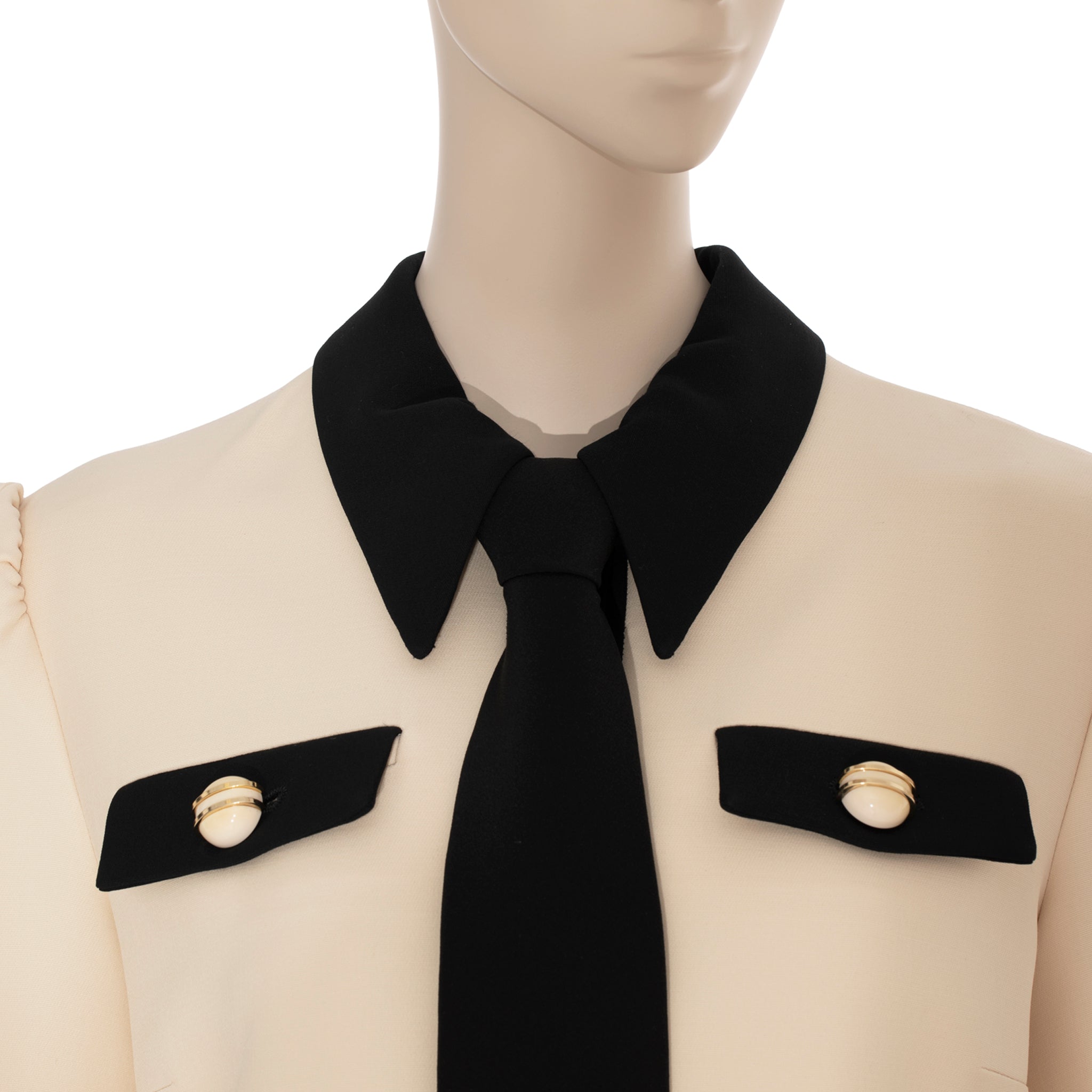 Gucci Long Sleeve Dress With Tie Ivory & Black Wool & Silk 40 IT