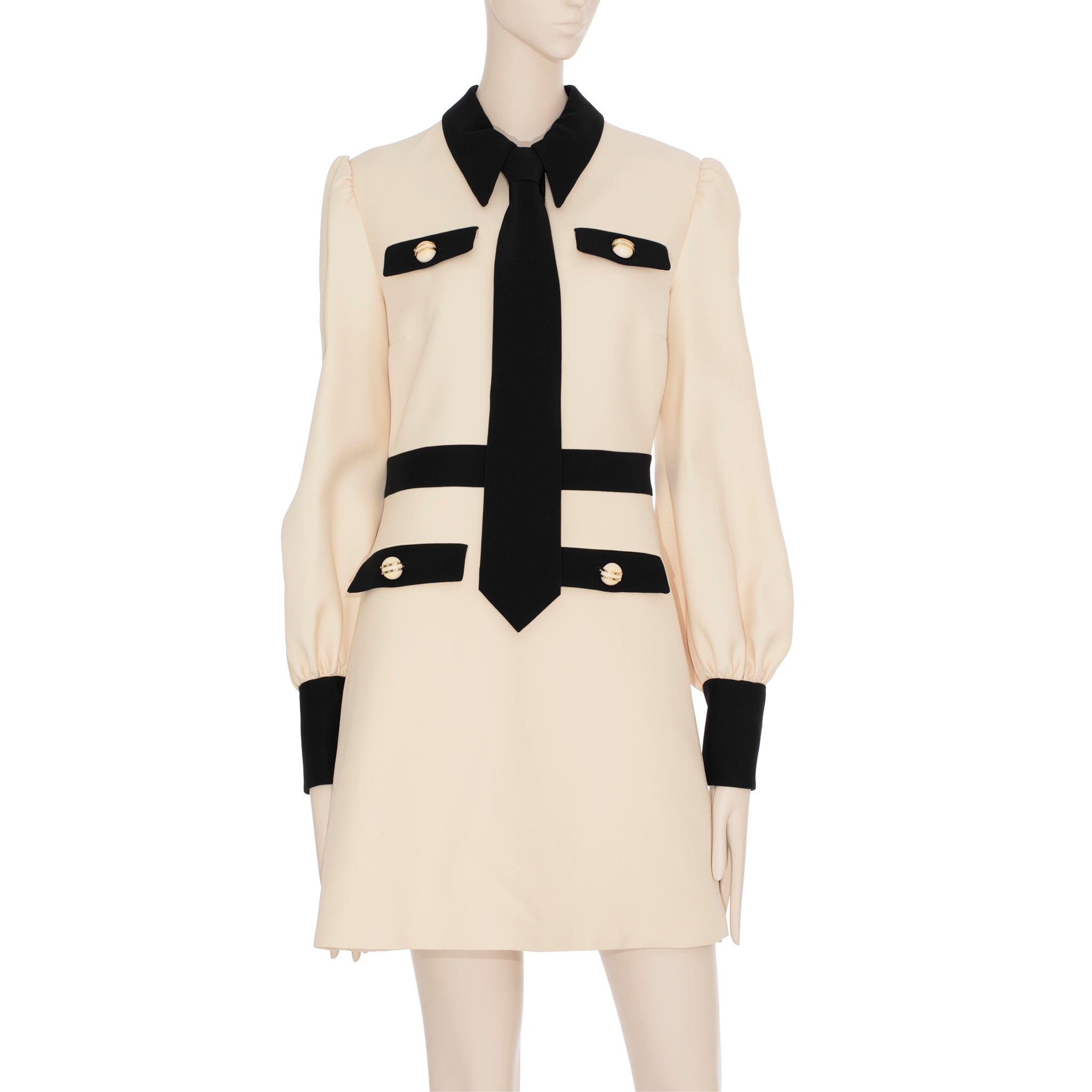 Gucci Long Sleeve Dress With Tie Ivory & Black Wool & Silk 40 IT