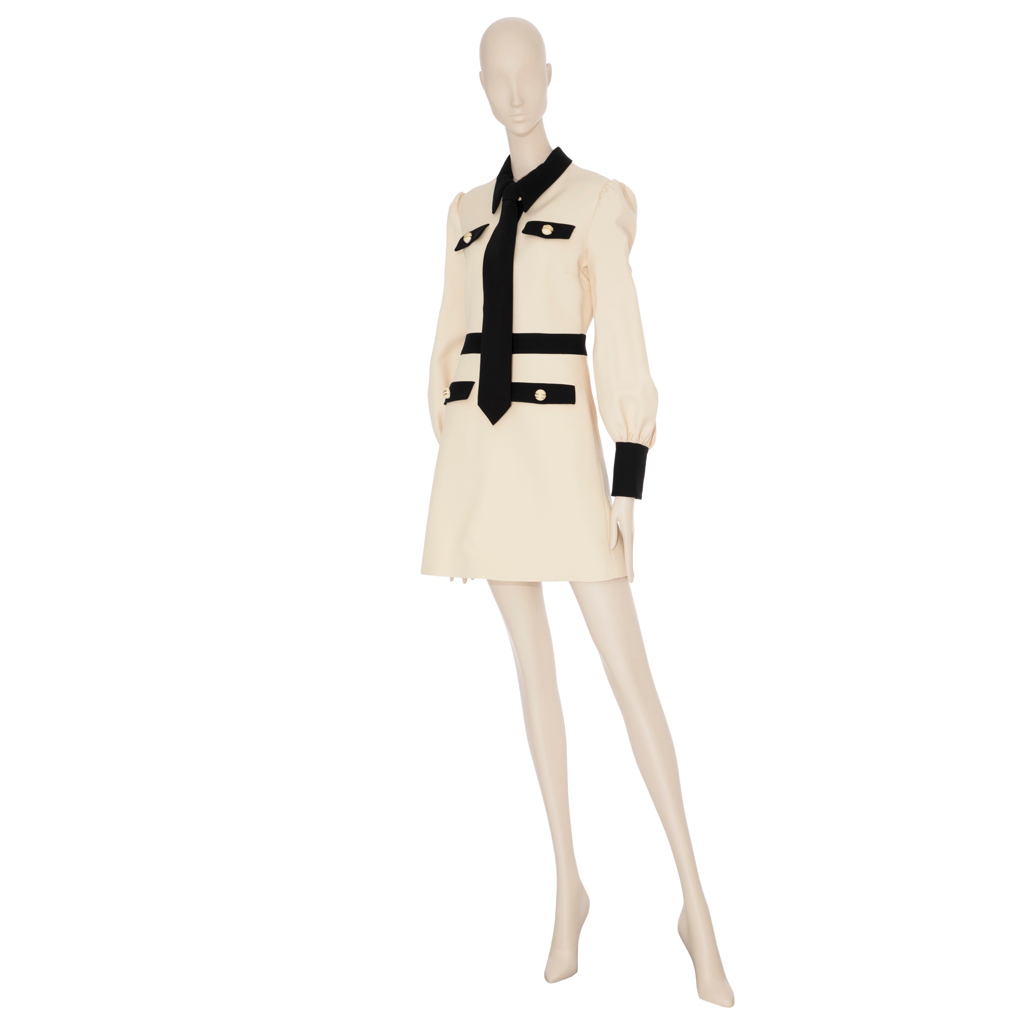 Gucci Long Sleeve Dress With Tie Ivory & Black Wool & Silk 40 IT