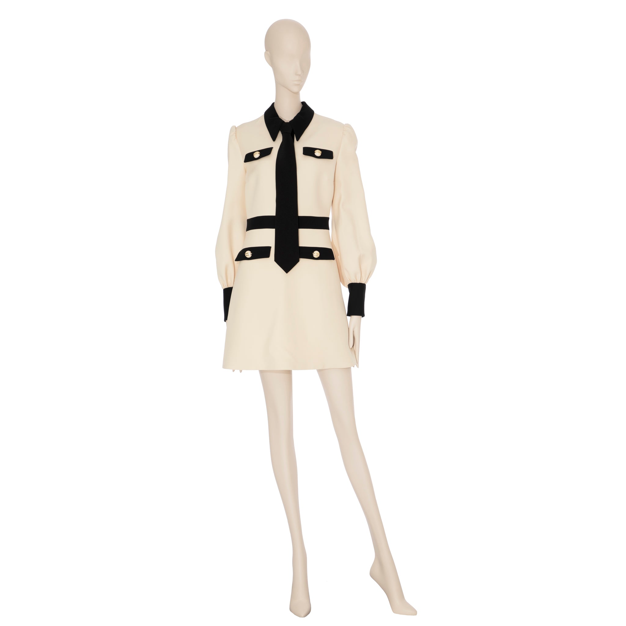 Gucci Long Sleeve Dress With Tie Ivory & Black Wool & Silk 40 IT