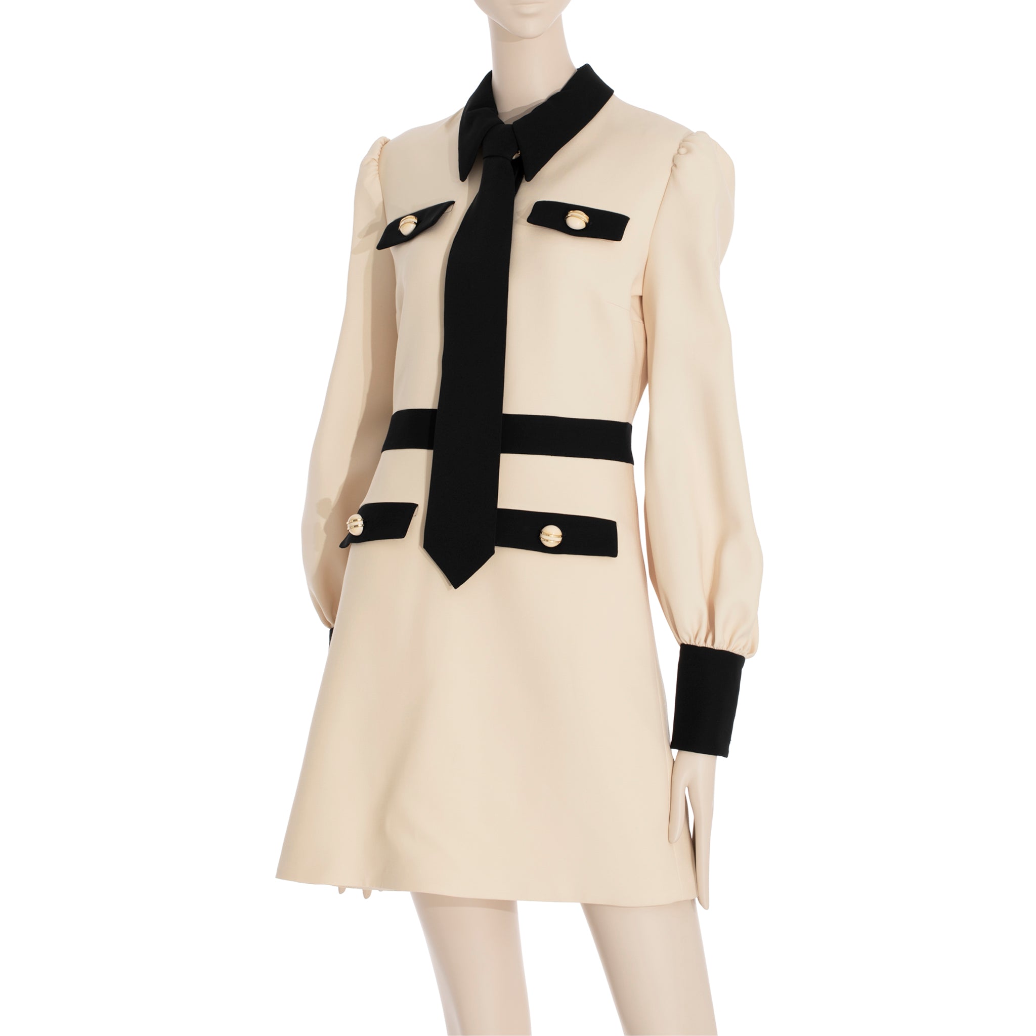 Gucci Long Sleeve Dress With Tie Ivory & Black Wool & Silk 40 IT