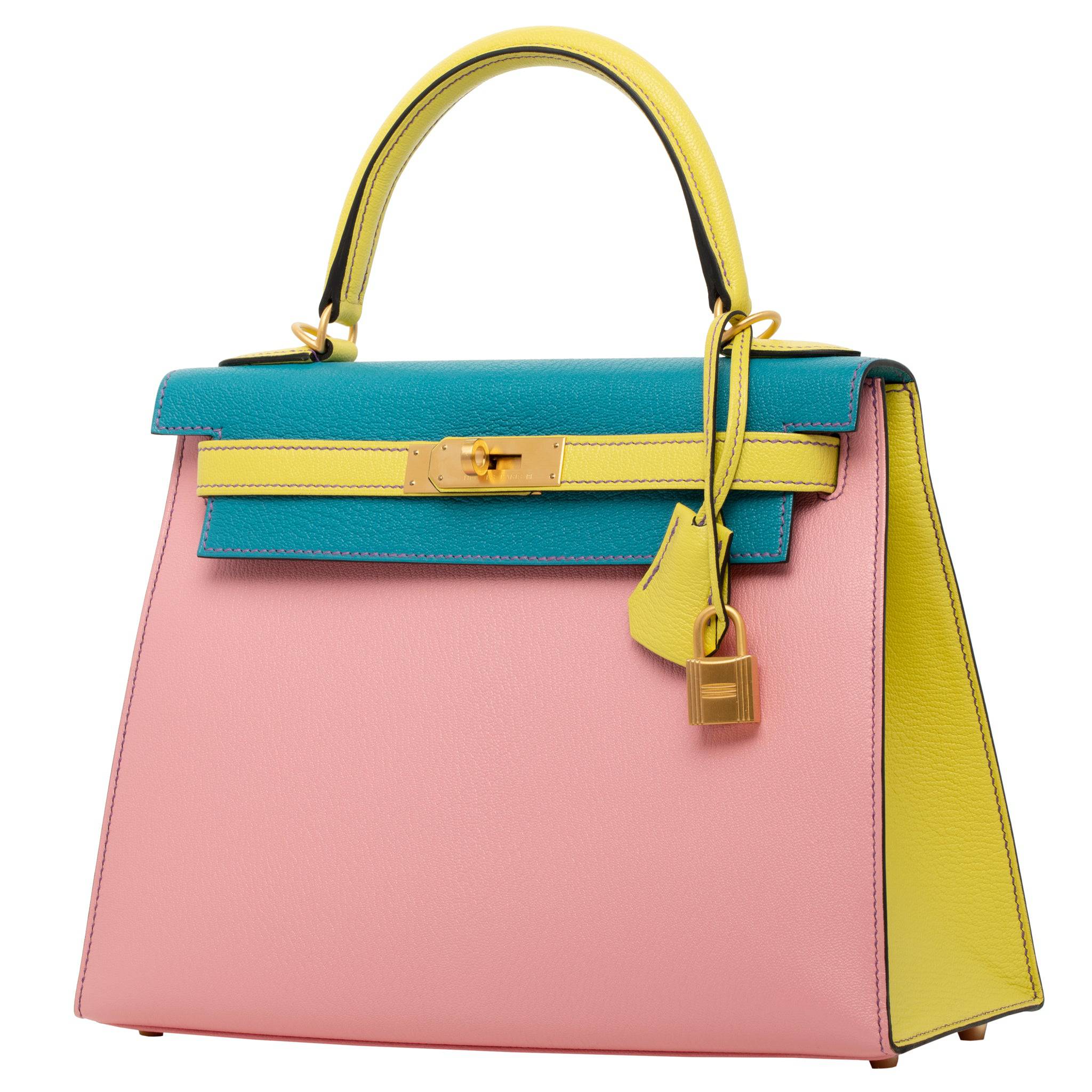 HERMES KELLY 28CM SPECIAL ORDER ROSE CONFETTI, BLUE AZTEC & LIME CHEVRE LEATHER BRUSHED GOLD HARDWARE - On Repeat