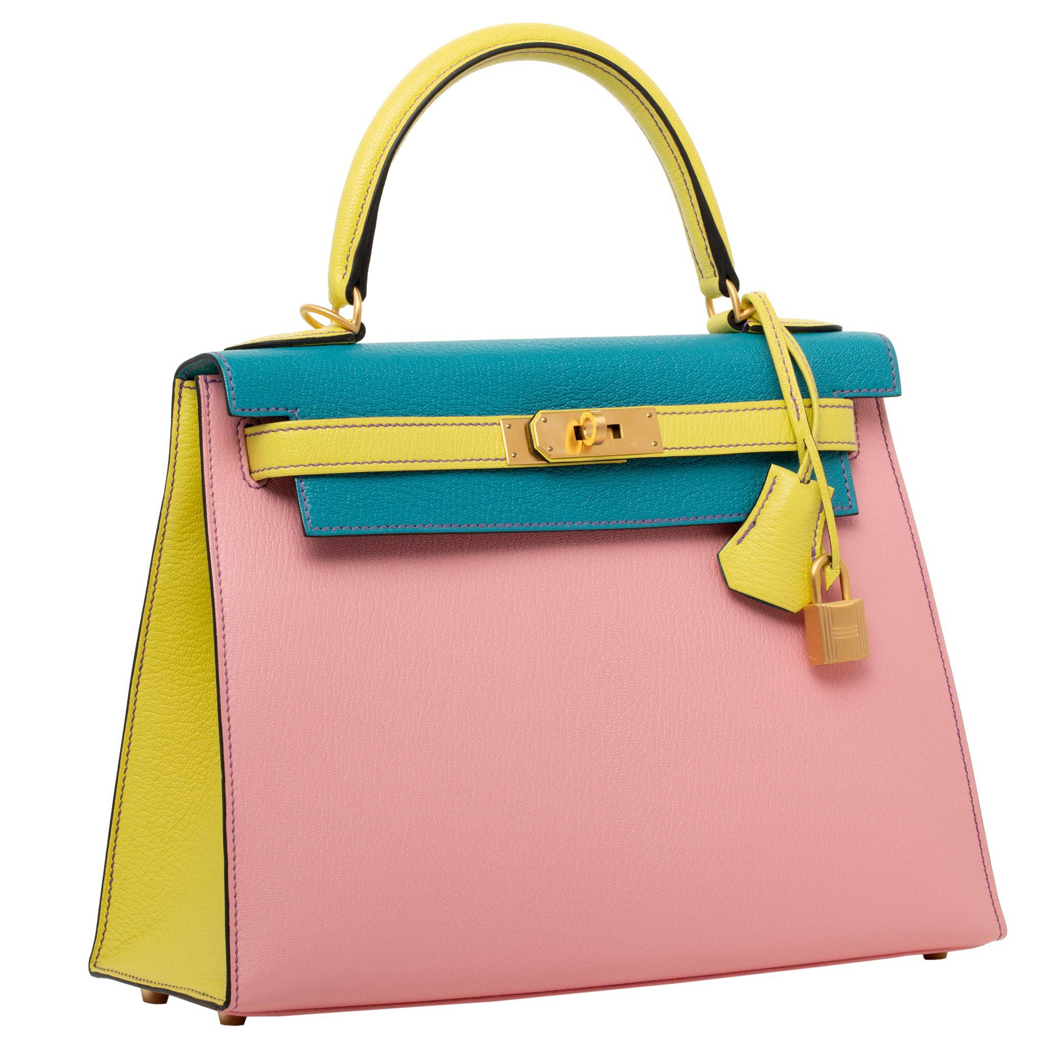 HERMES KELLY 28CM SPECIAL ORDER ROSE CONFETTI, BLUE AZTEC & LIME CHEVRE LEATHER BRUSHED GOLD HARDWARE - On Repeat