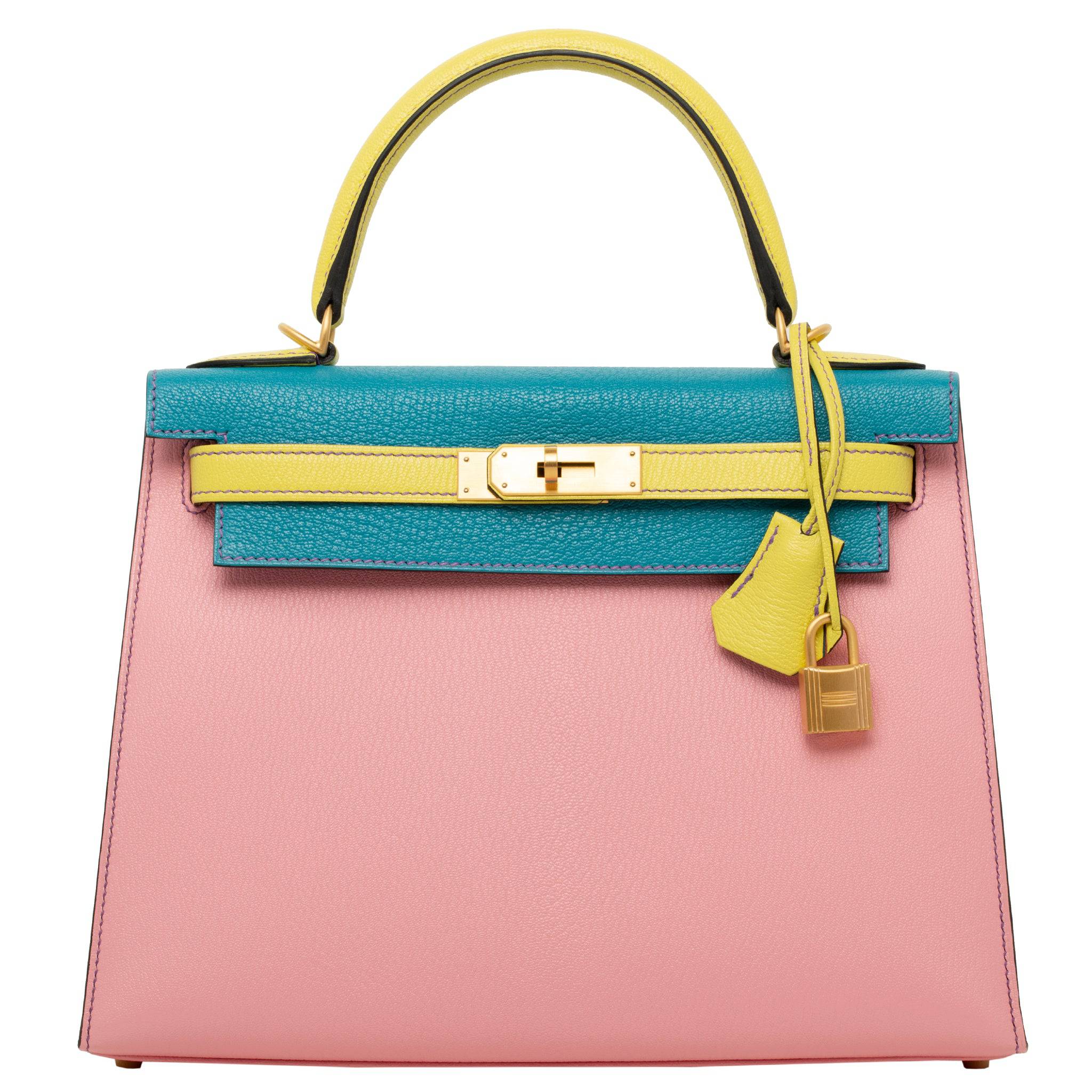 HERMES KELLY 28CM SPECIAL ORDER ROSE CONFETTI, BLUE AZTEC & LIME CHEVRE LEATHER BRUSHED GOLD HARDWARE - On Repeat