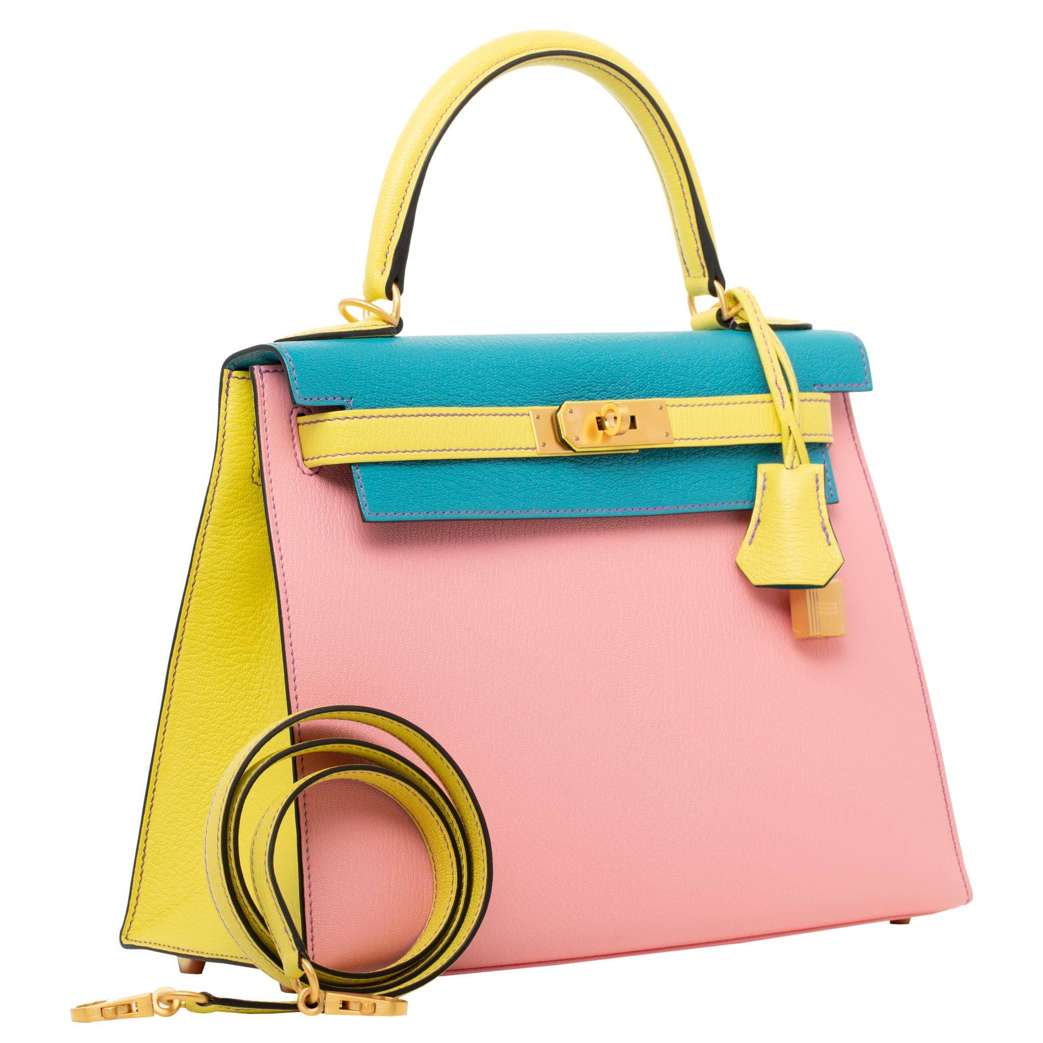 HERMES KELLY 28CM SPECIAL ORDER ROSE CONFETTI, BLUE AZTEC & LIME CHEVRE LEATHER BRUSHED GOLD HARDWARE - On Repeat