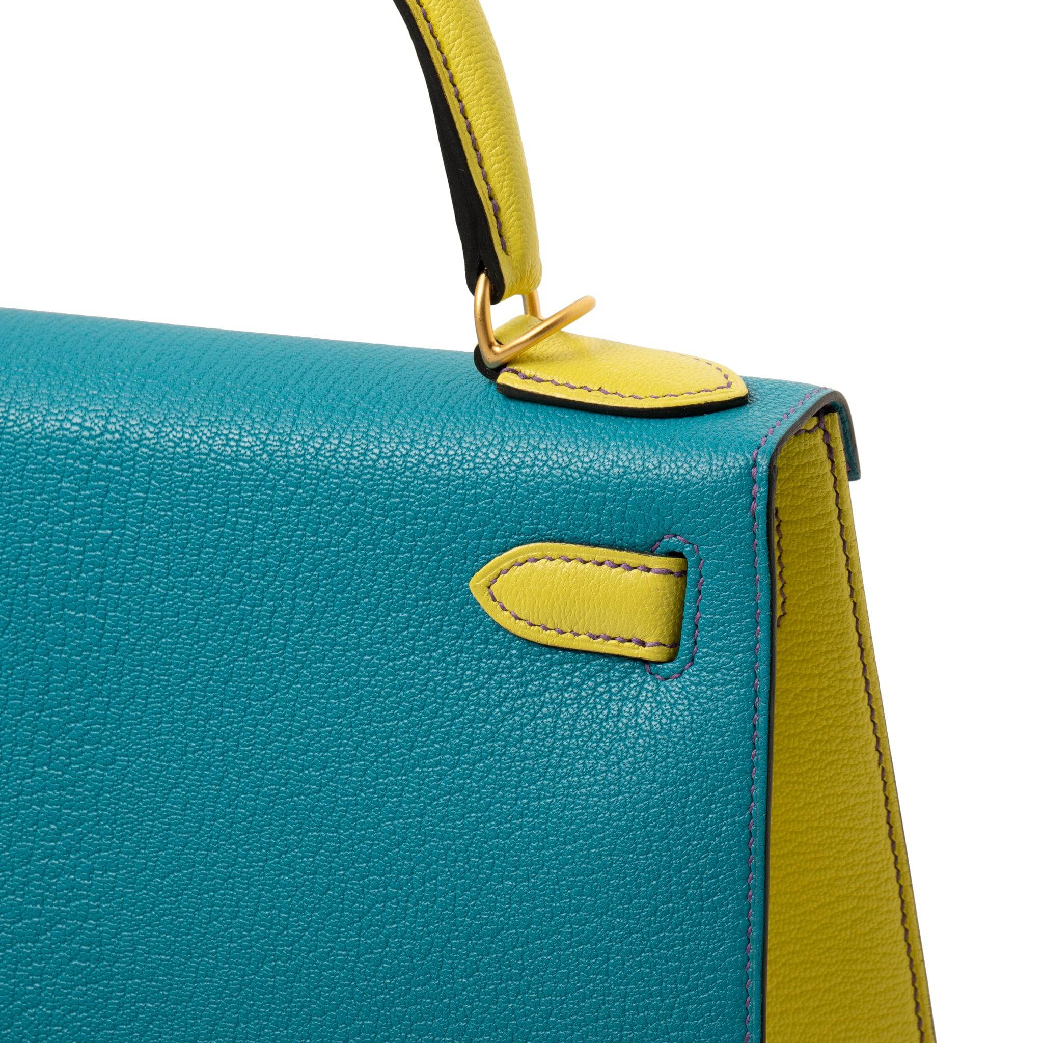 HERMES KELLY 28CM SPECIAL ORDER ROSE CONFETTI, BLUE AZTEC & LIME CHEVRE LEATHER BRUSHED GOLD HARDWARE - On Repeat