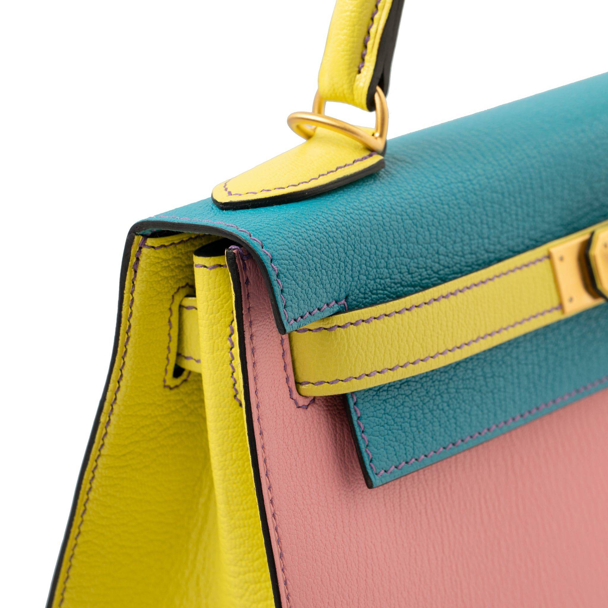 HERMES KELLY 28CM SPECIAL ORDER ROSE CONFETTI, BLUE AZTEC & LIME CHEVRE LEATHER BRUSHED GOLD HARDWARE - On Repeat