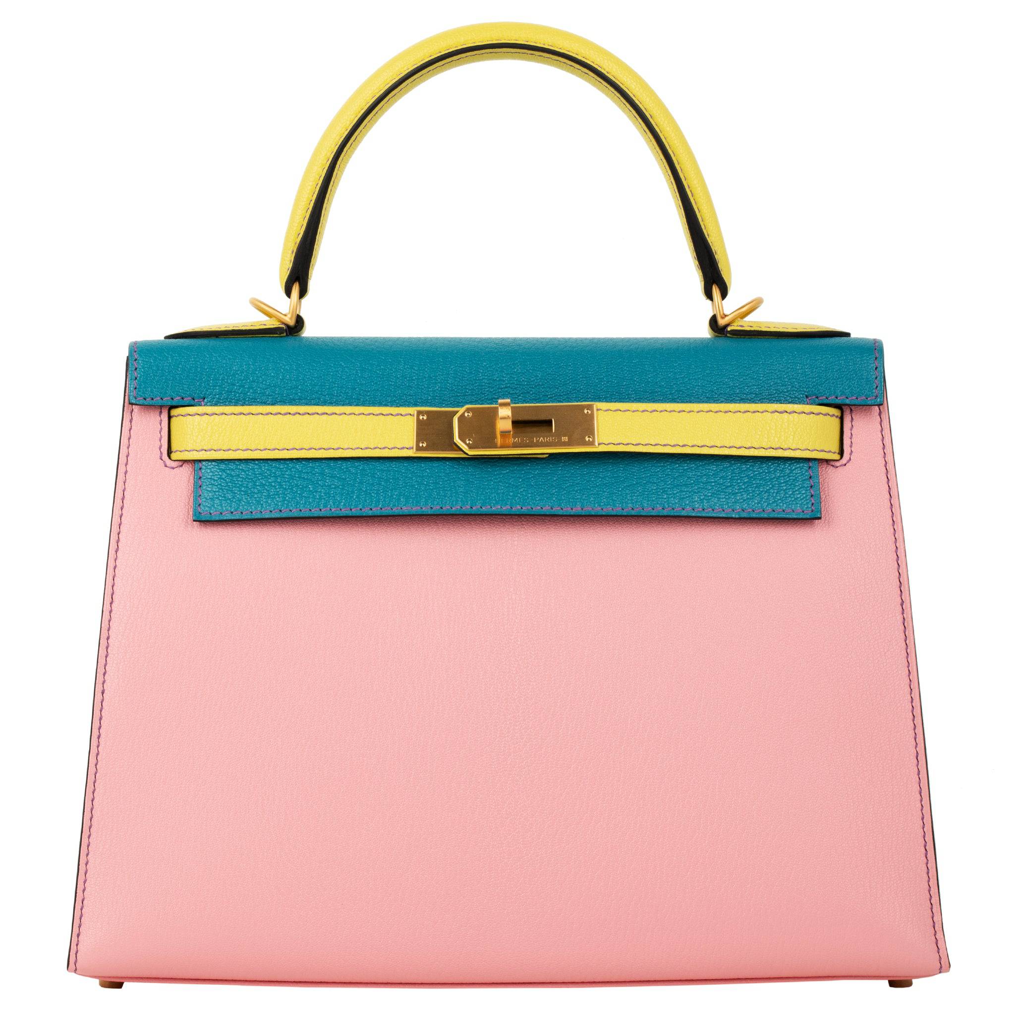 HERMES KELLY 28CM SPECIAL ORDER ROSE CONFETTI, BLUE AZTEC & LIME CHEVRE LEATHER BRUSHED GOLD HARDWARE - On Repeat