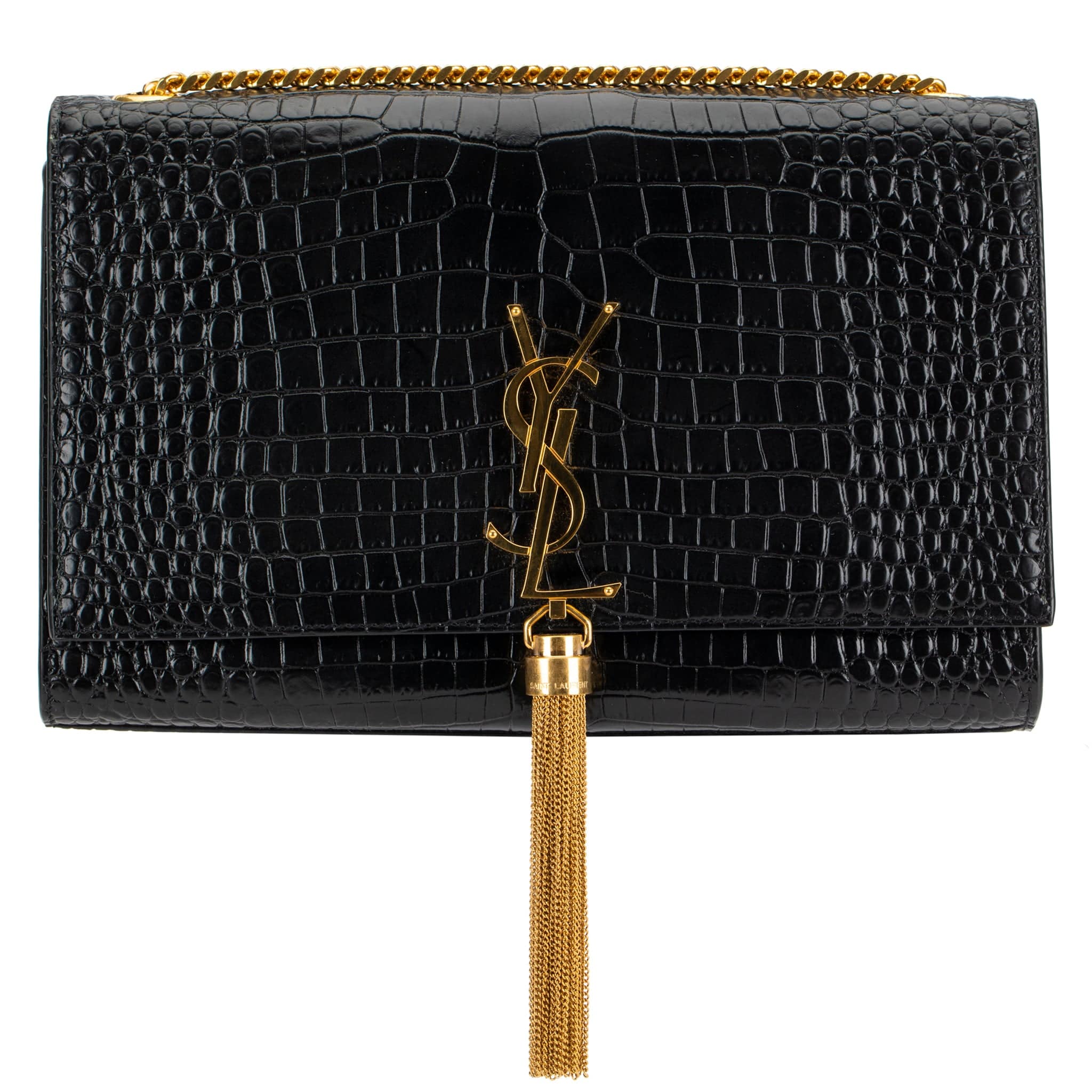 YVES SAINT LAURENT BLACK KATE CROSS BODY BAG EMBOSSED CROCODILE LEATHER GOLD HARDWARE - On Repeat