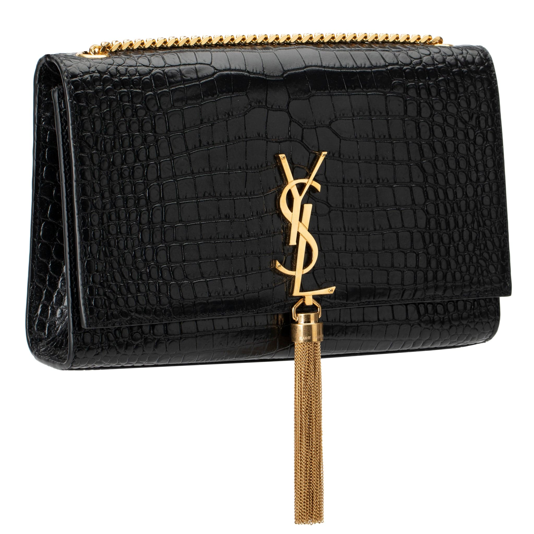 YVES SAINT LAURENT BLACK KATE CROSS BODY BAG EMBOSSED CROCODILE LEATHER GOLD HARDWARE - On Repeat
