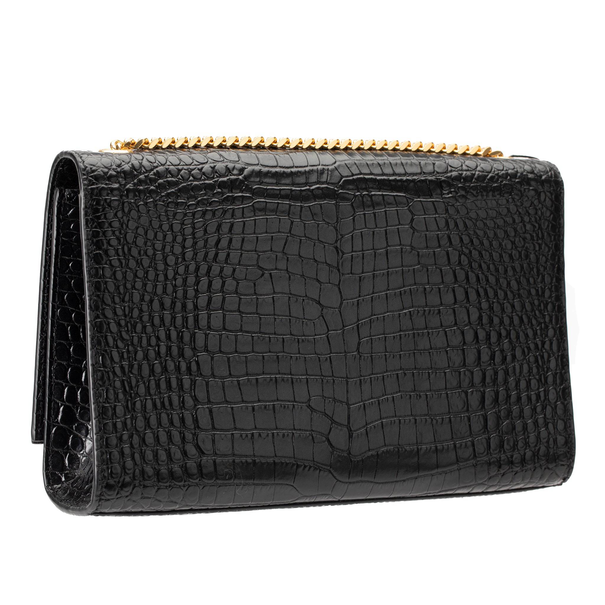 YVES SAINT LAURENT BLACK KATE CROSS BODY BAG EMBOSSED CROCODILE LEATHER GOLD HARDWARE - On Repeat