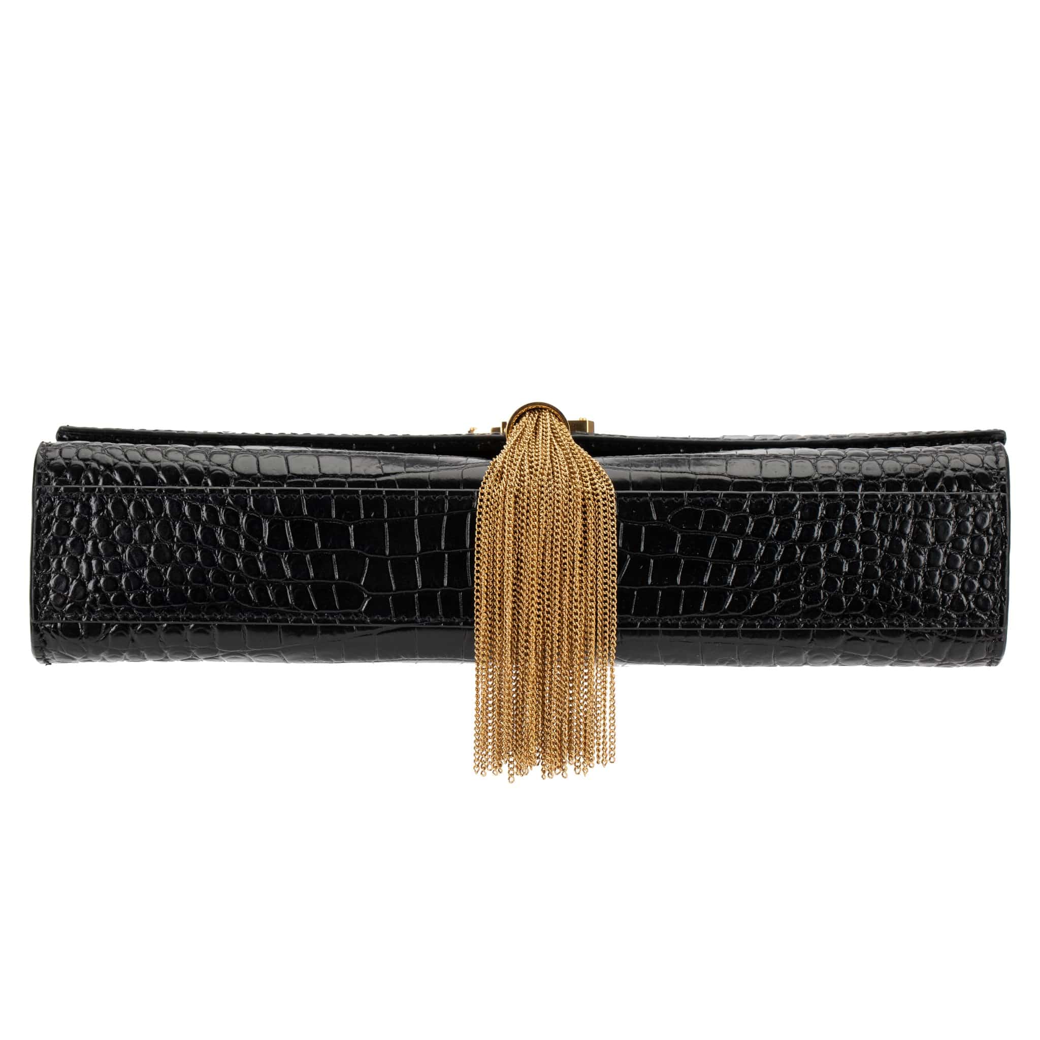 YVES SAINT LAURENT BLACK KATE CROSS BODY BAG EMBOSSED CROCODILE LEATHER GOLD HARDWARE - On Repeat