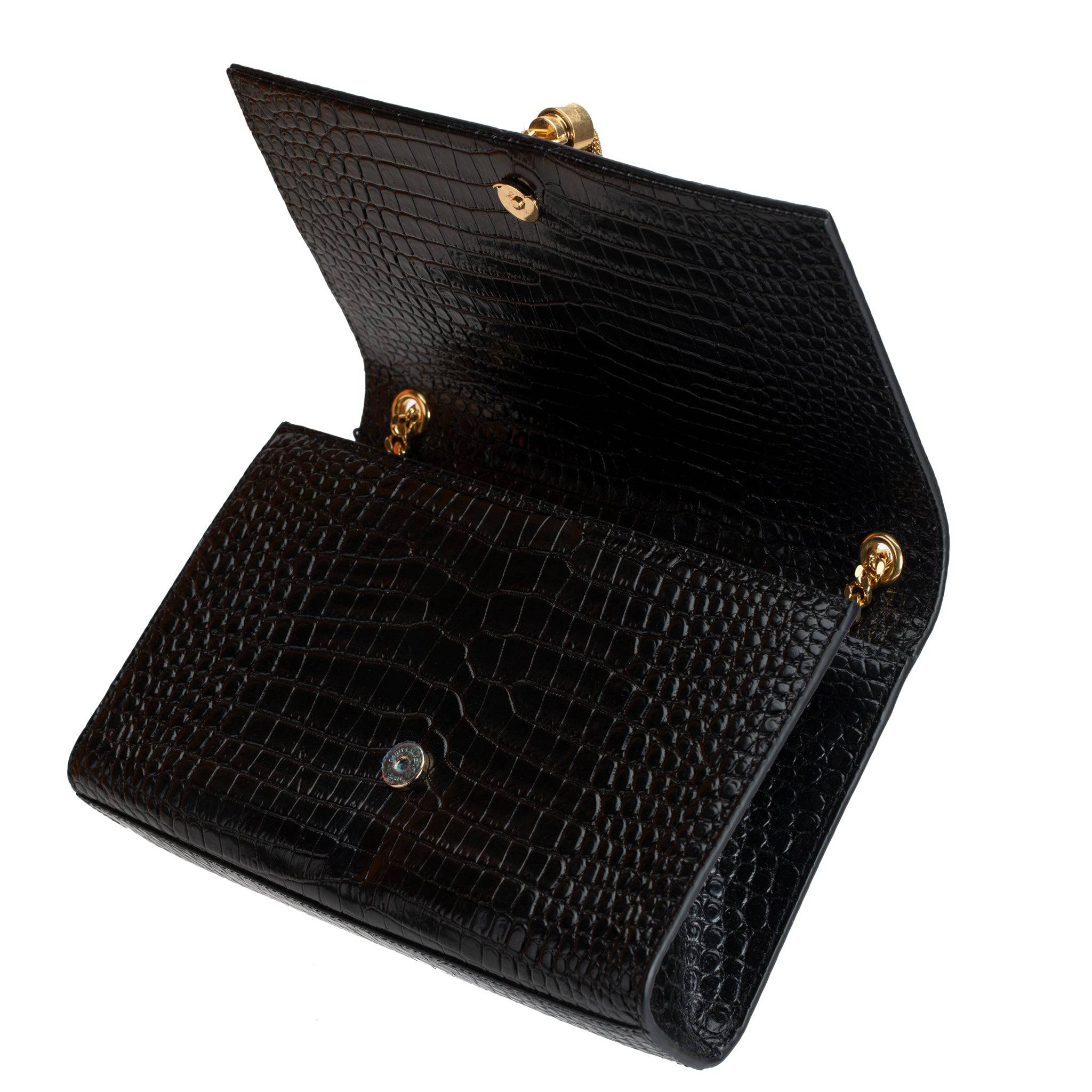 YVES SAINT LAURENT BLACK KATE CROSS BODY BAG EMBOSSED CROCODILE LEATHER GOLD HARDWARE - On Repeat