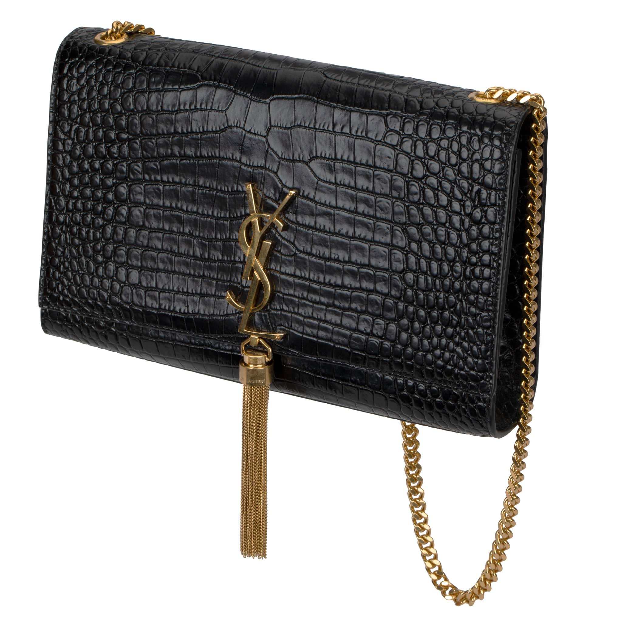 YVES SAINT LAURENT BLACK KATE CROSS BODY BAG EMBOSSED CROCODILE LEATHER GOLD HARDWARE - On Repeat