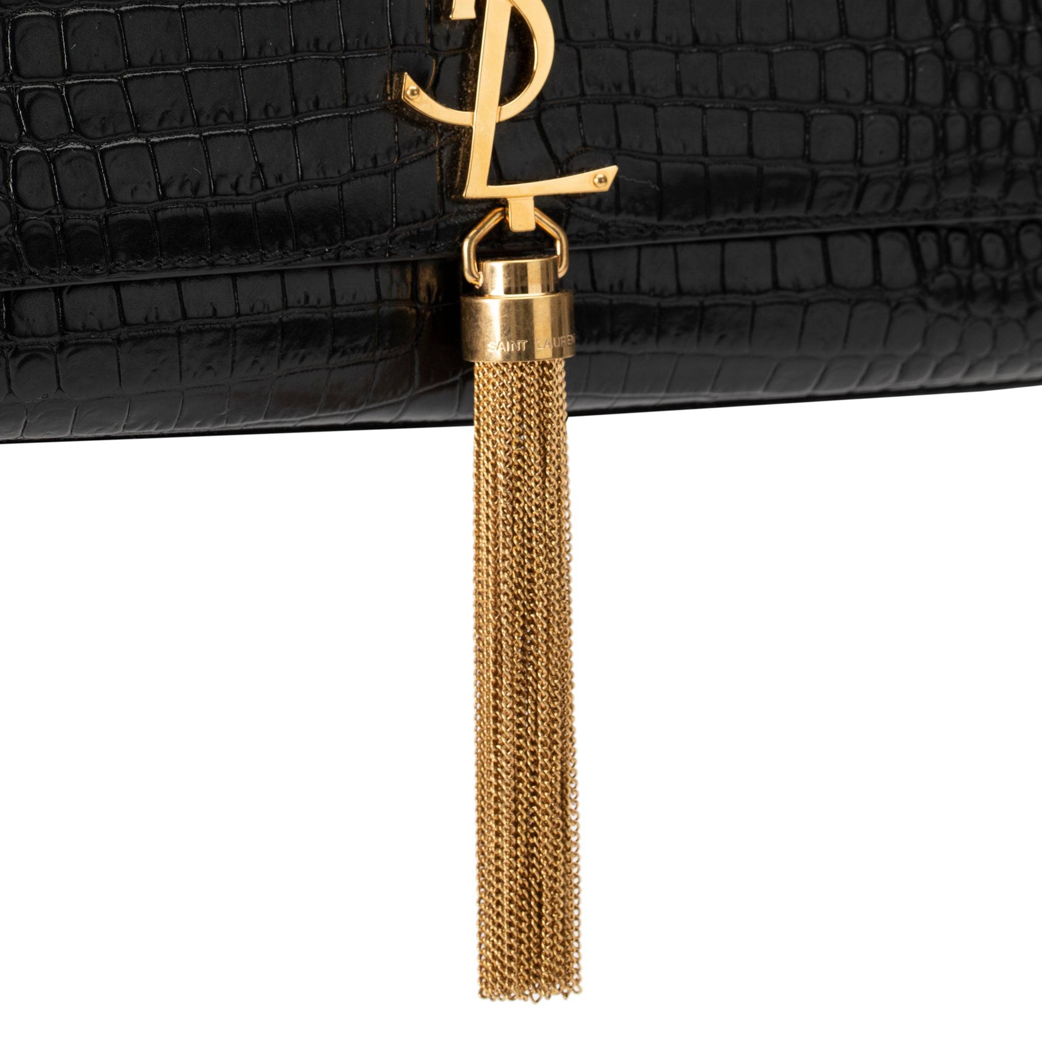 YVES SAINT LAURENT BLACK KATE CROSS BODY BAG EMBOSSED CROCODILE LEATHER GOLD HARDWARE - On Repeat