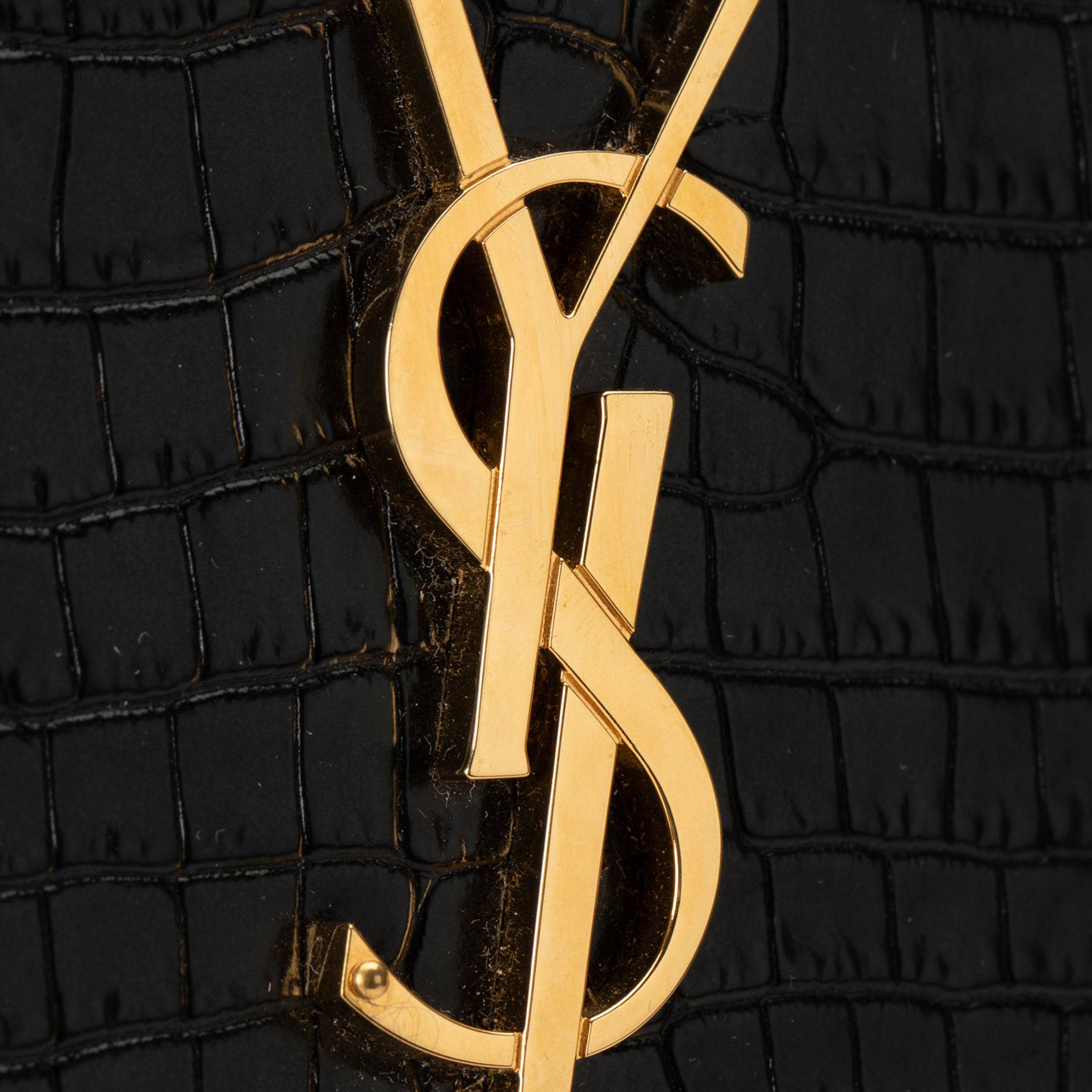 YVES SAINT LAURENT BLACK KATE CROSS BODY BAG EMBOSSED CROCODILE LEATHER GOLD HARDWARE - On Repeat