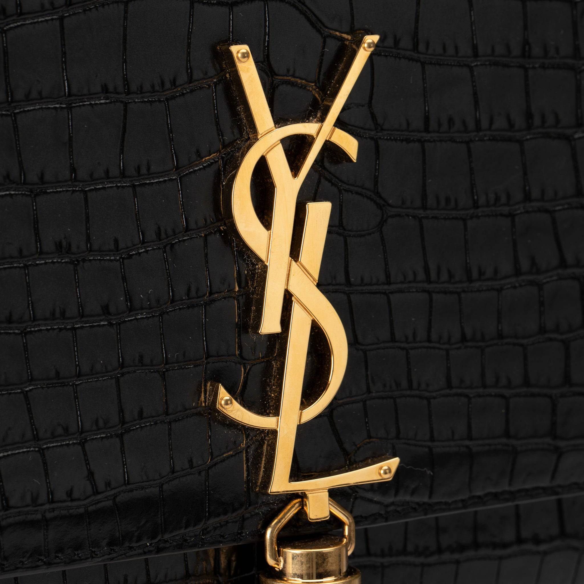 YVES SAINT LAURENT BLACK KATE CROSS BODY BAG EMBOSSED CROCODILE LEATHER GOLD HARDWARE - On Repeat