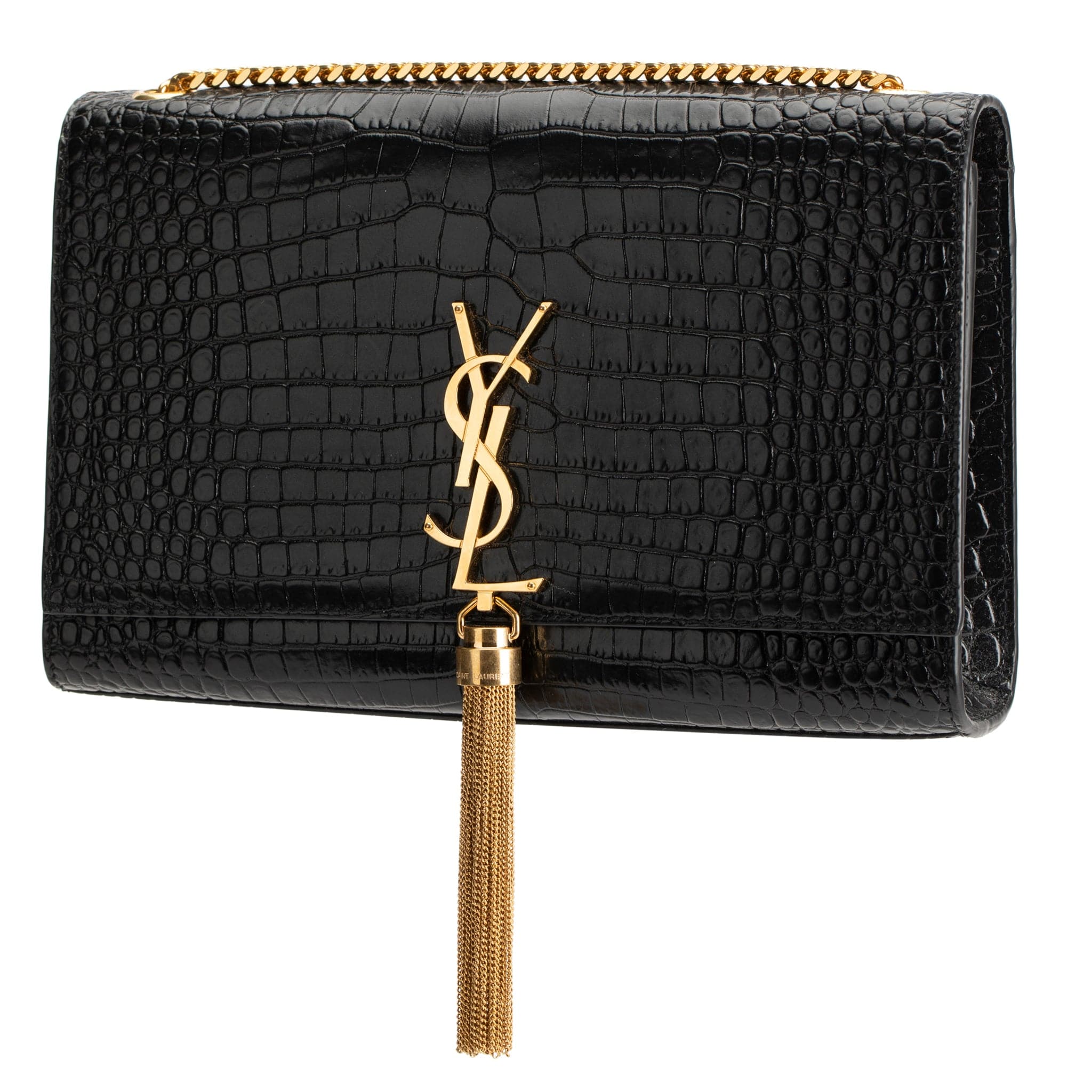 YVES SAINT LAURENT BLACK KATE CROSS BODY BAG EMBOSSED CROCODILE LEATHER GOLD HARDWARE - On Repeat