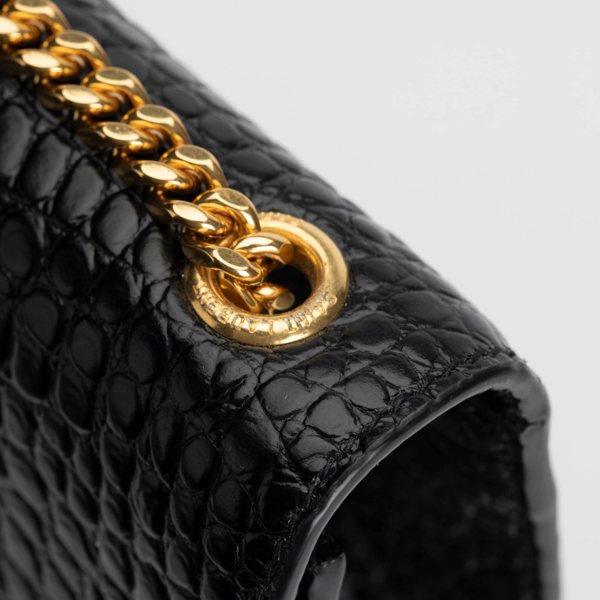 YVES SAINT LAURENT BLACK KATE CROSS BODY BAG EMBOSSED CROCODILE LEATHER GOLD HARDWARE - On Repeat
