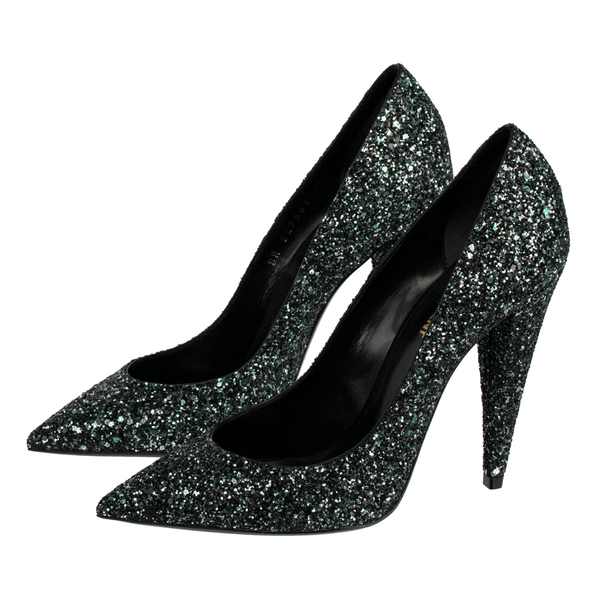 YVES SAINT LAURENT DECOLLETE ERA BLACK & EMERALD GREEN GLITTER PUMPS - On Repeat