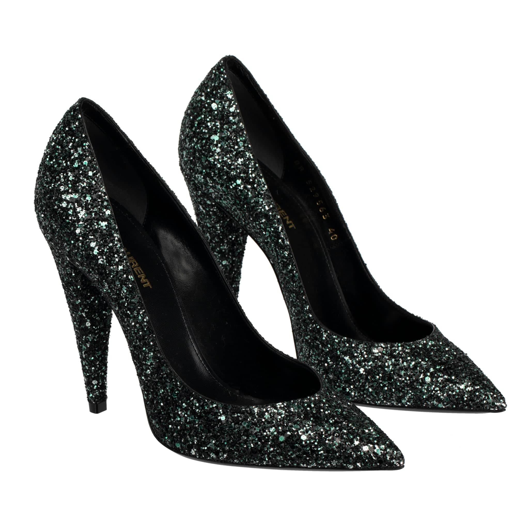 YVES SAINT LAURENT DECOLLETE ERA BLACK & EMERALD GREEN GLITTER PUMPS - On Repeat