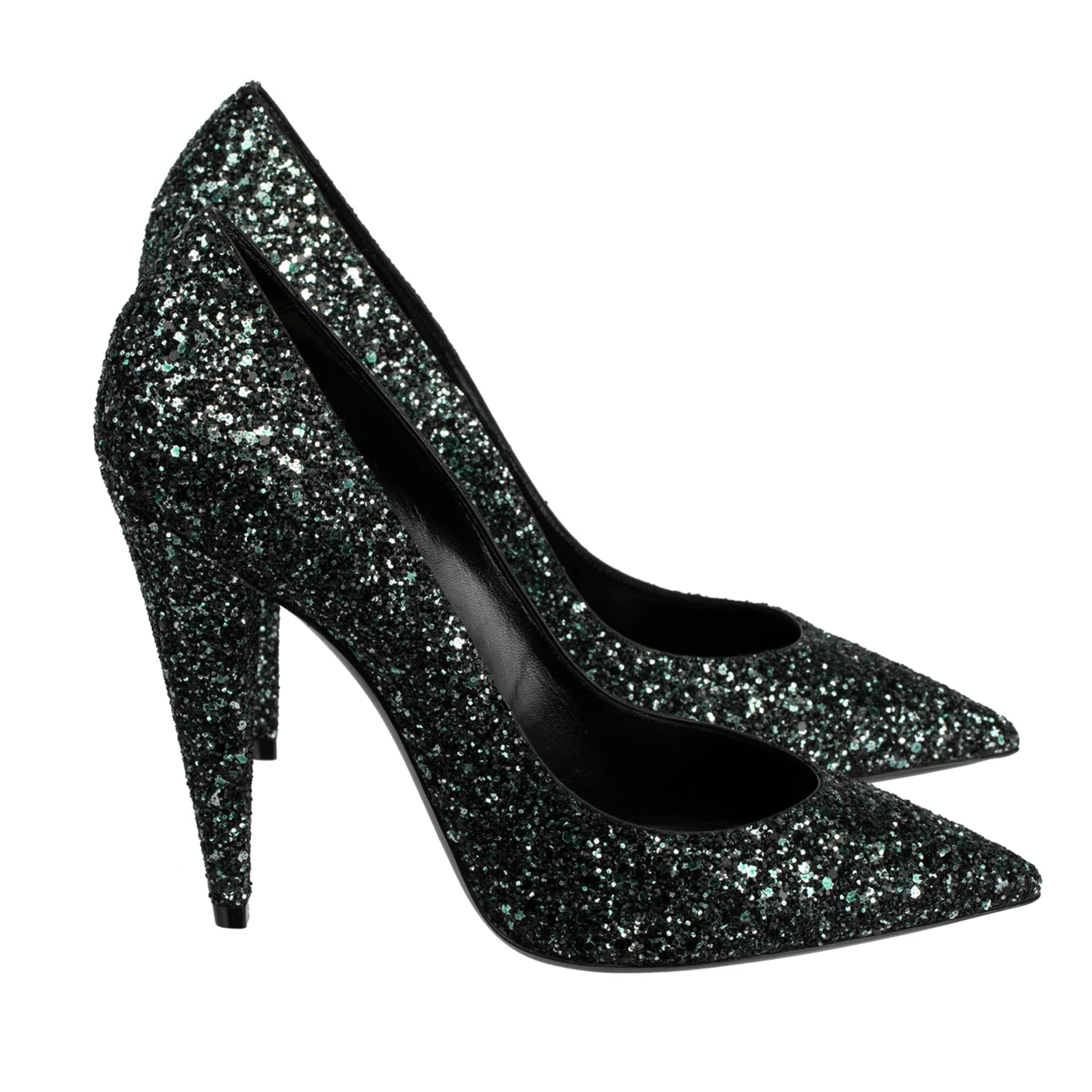 YVES SAINT LAURENT DECOLLETE ERA BLACK & EMERALD GREEN GLITTER PUMPS - On Repeat