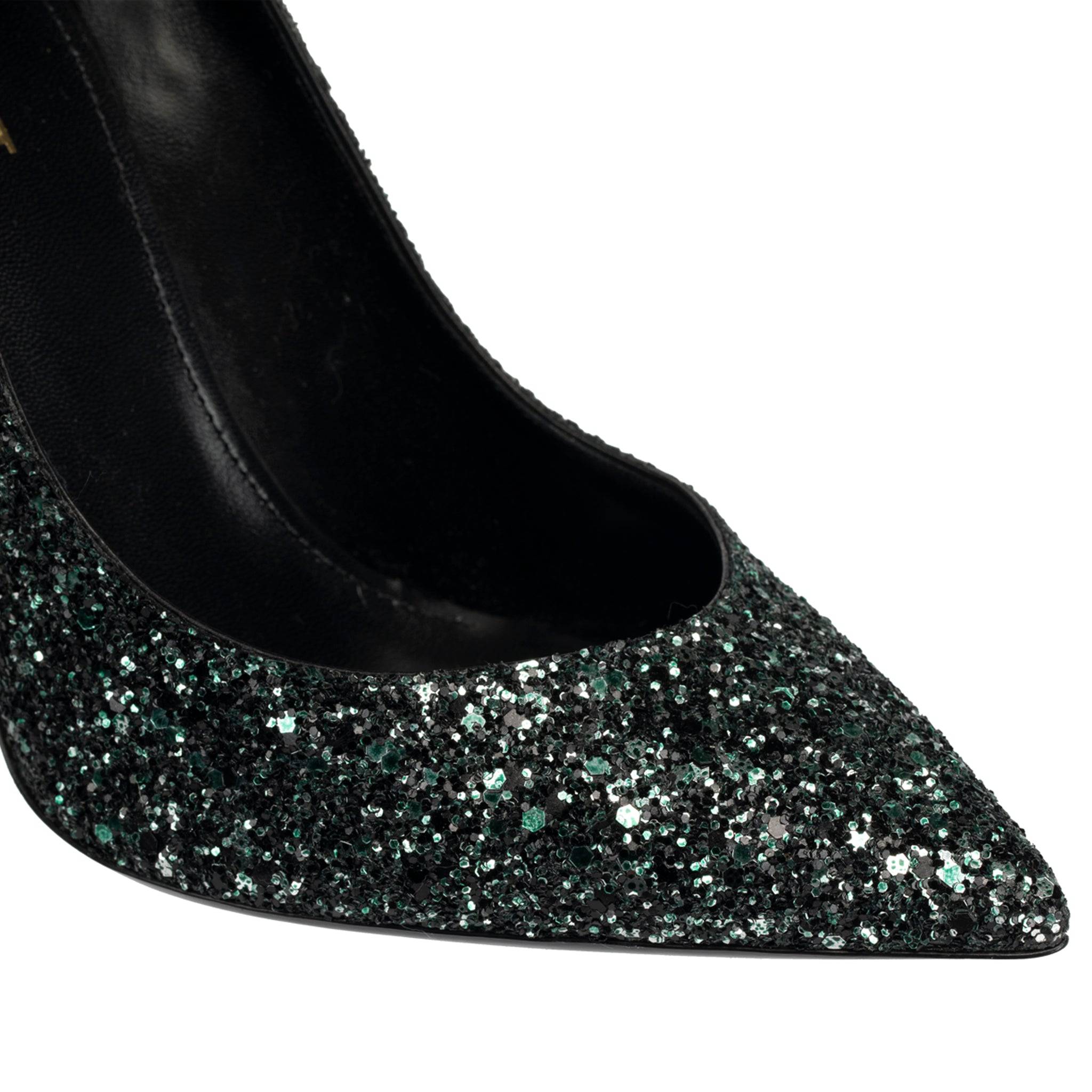YVES SAINT LAURENT DECOLLETE ERA BLACK & EMERALD GREEN GLITTER PUMPS - On Repeat