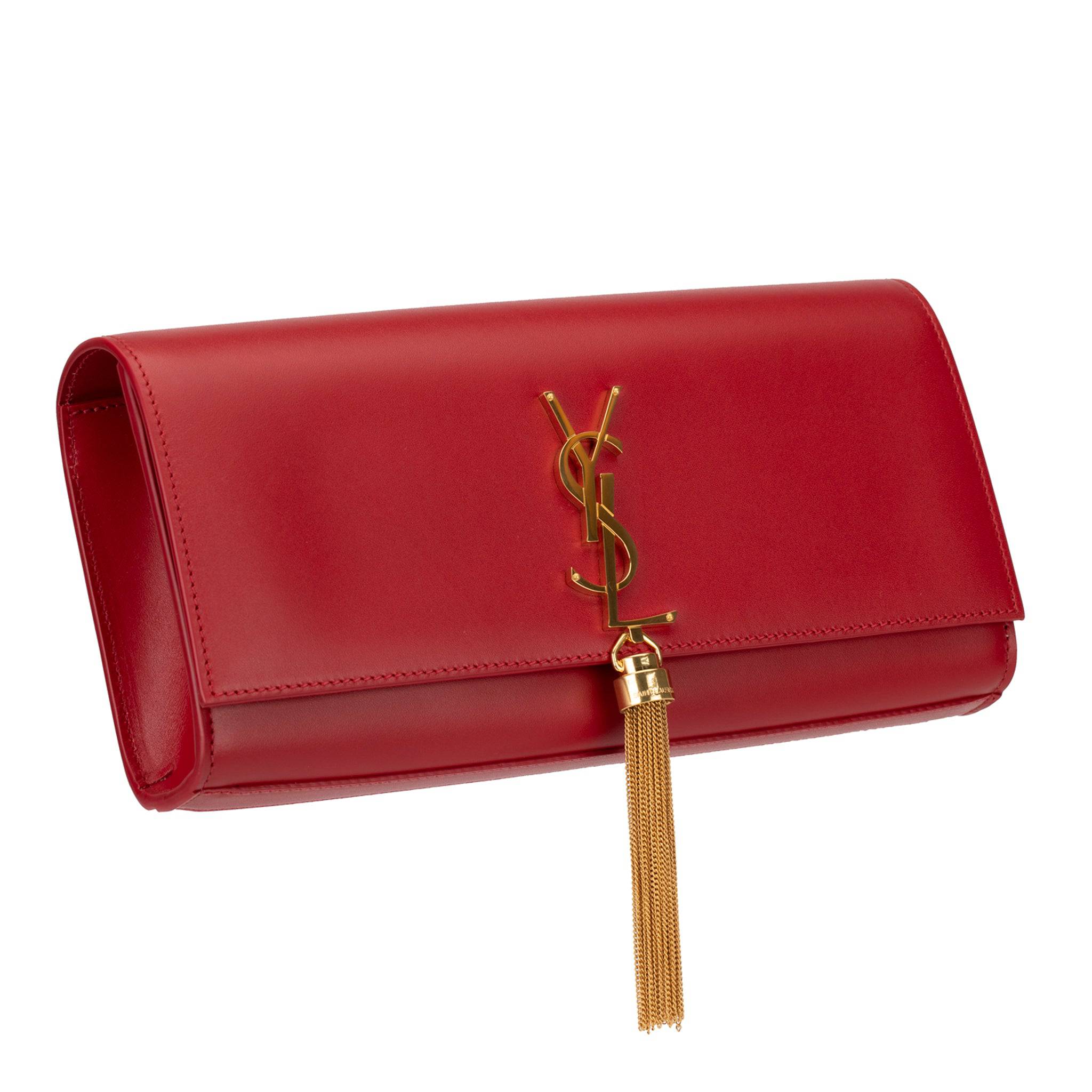 YVES SAINT LAURENT KATE CLUTCH ROUGE SMOOTH LEATHER GOLD HARDWARE - On Repeat