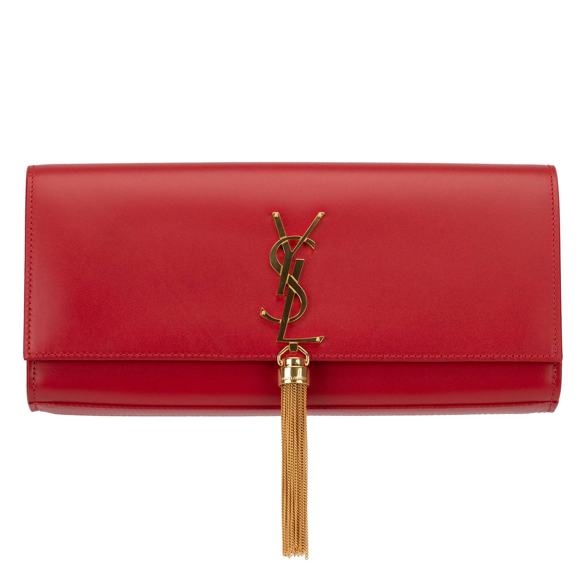 YVES SAINT LAURENT KATE CLUTCH ROUGE SMOOTH LEATHER GOLD HARDWARE - On Repeat