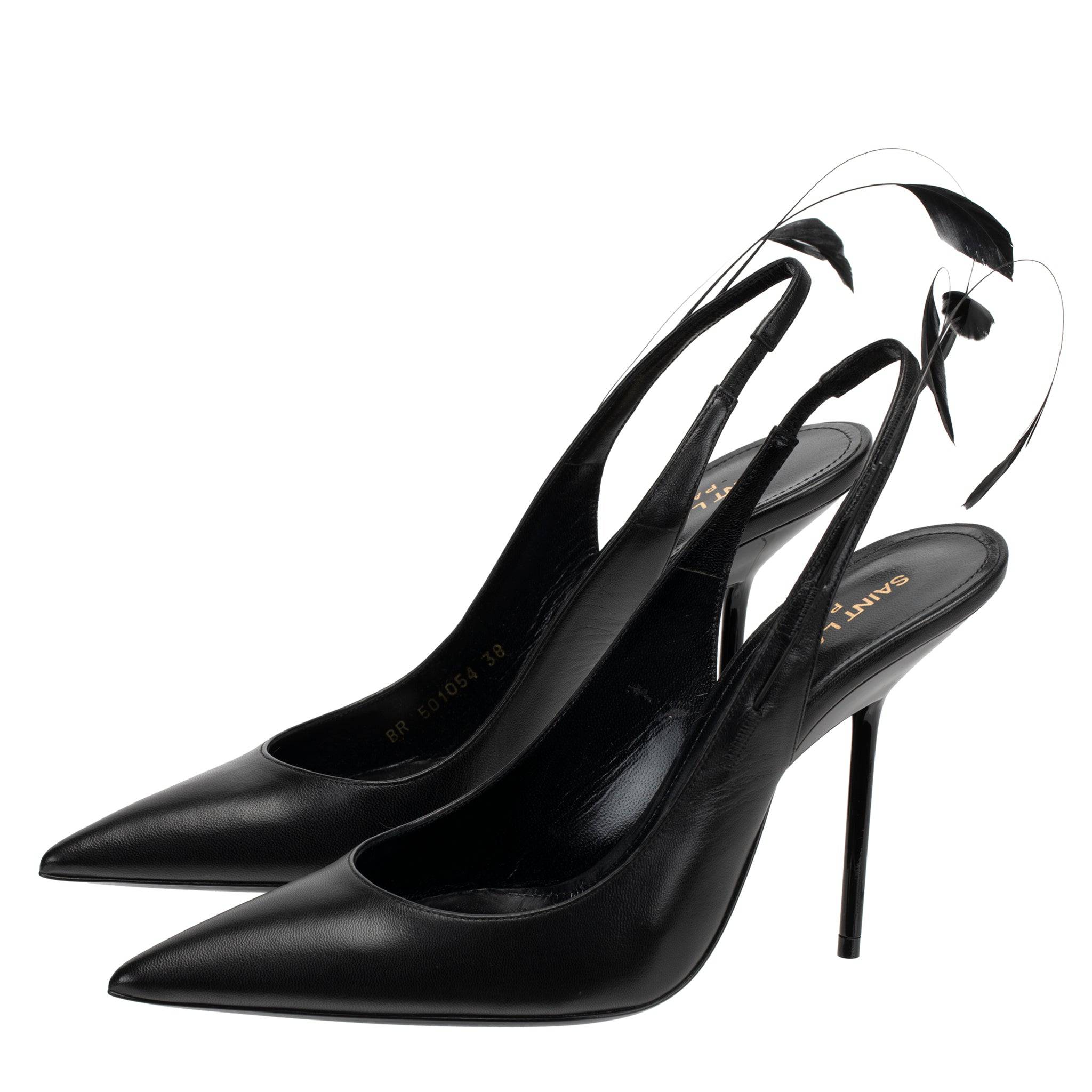 YVES SAINT LAURENT SLINGBACK PUMPS BLACK LEATHER WITH FEATHER DETAIL - On Repeat