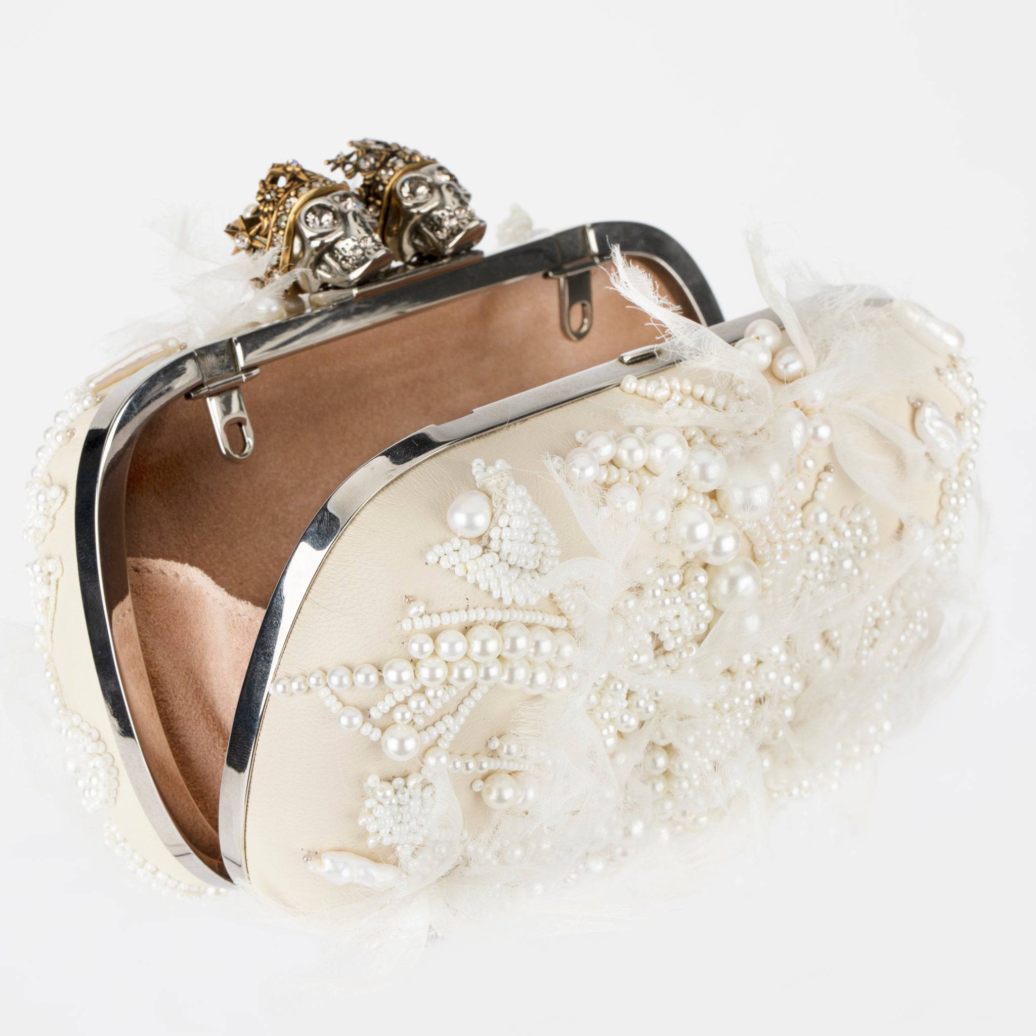 ALEXANDER MCQUEEN QUEEN & KING IVORY LEATHER, PEARL, CRYSTAL & SILK CLUTCH SILVER TONE HARDWARE - On Repeat