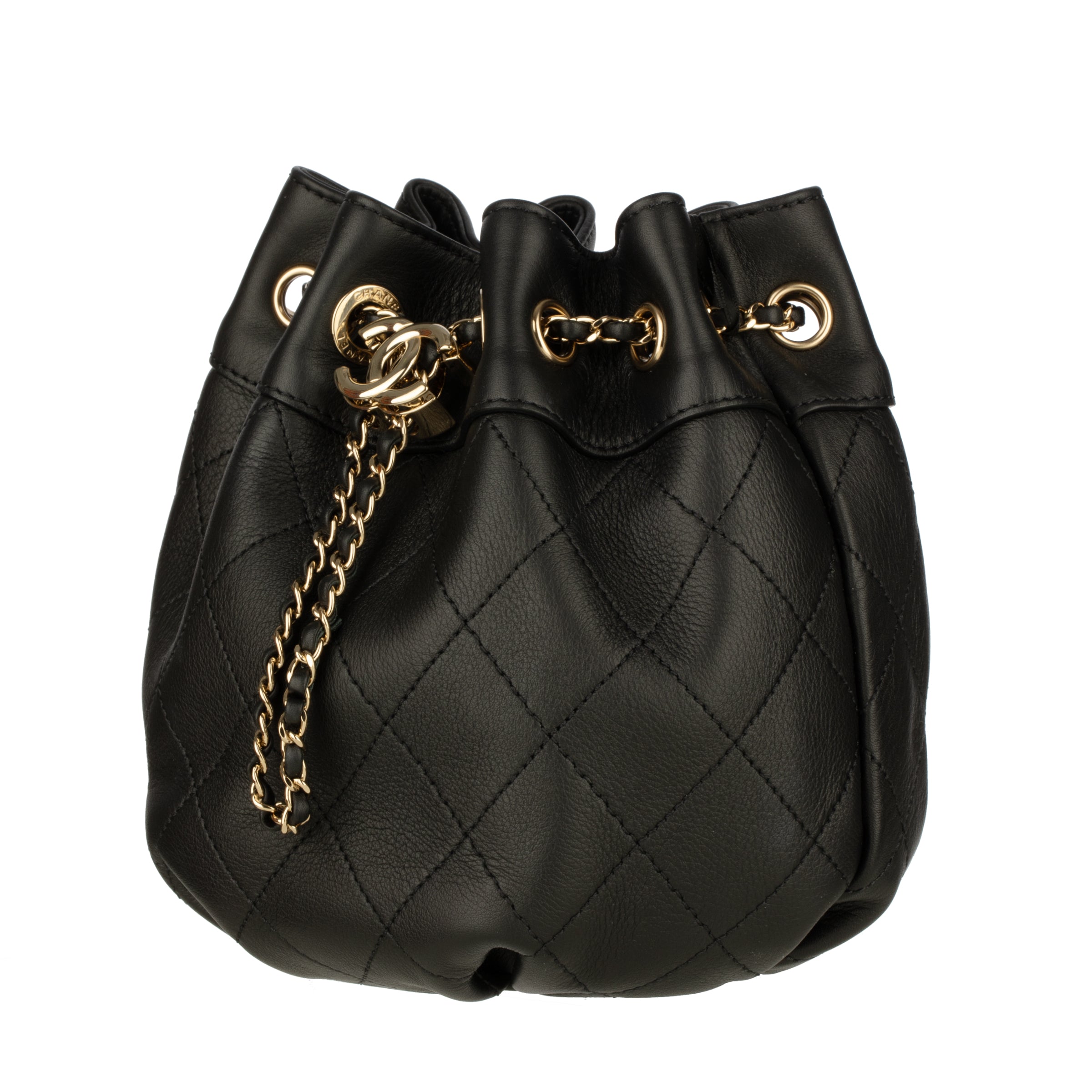 Chanel Black Quilted CC Drawstring Bucket Hobo Handbag Silver-Tone Hardware