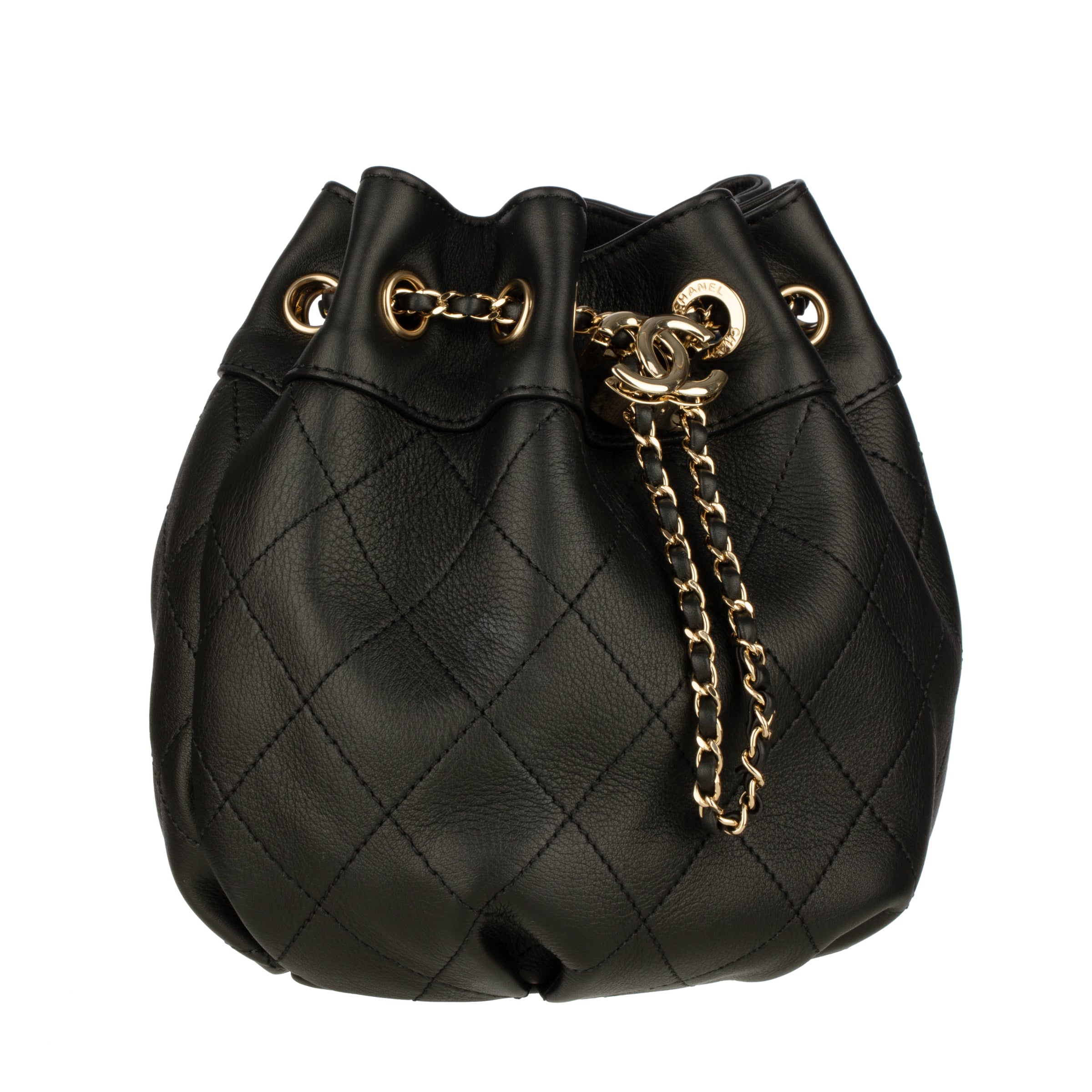 Chanel Black Quilted CC Drawstring Bucket Hobo Handbag Silver-Tone Hardware