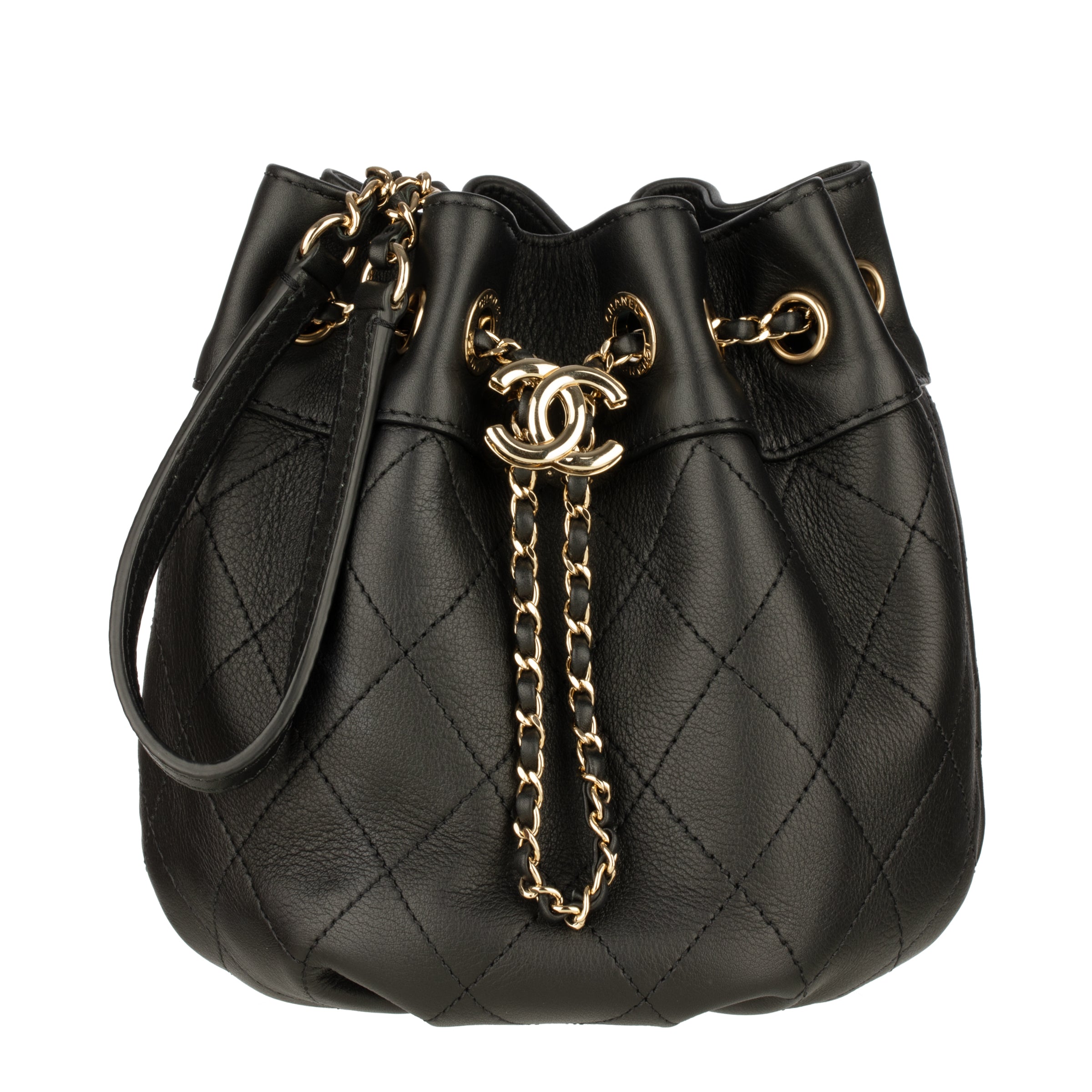 Chanel Black Quilted CC Drawstring Bucket Hobo Handbag Silver-Tone Hardware