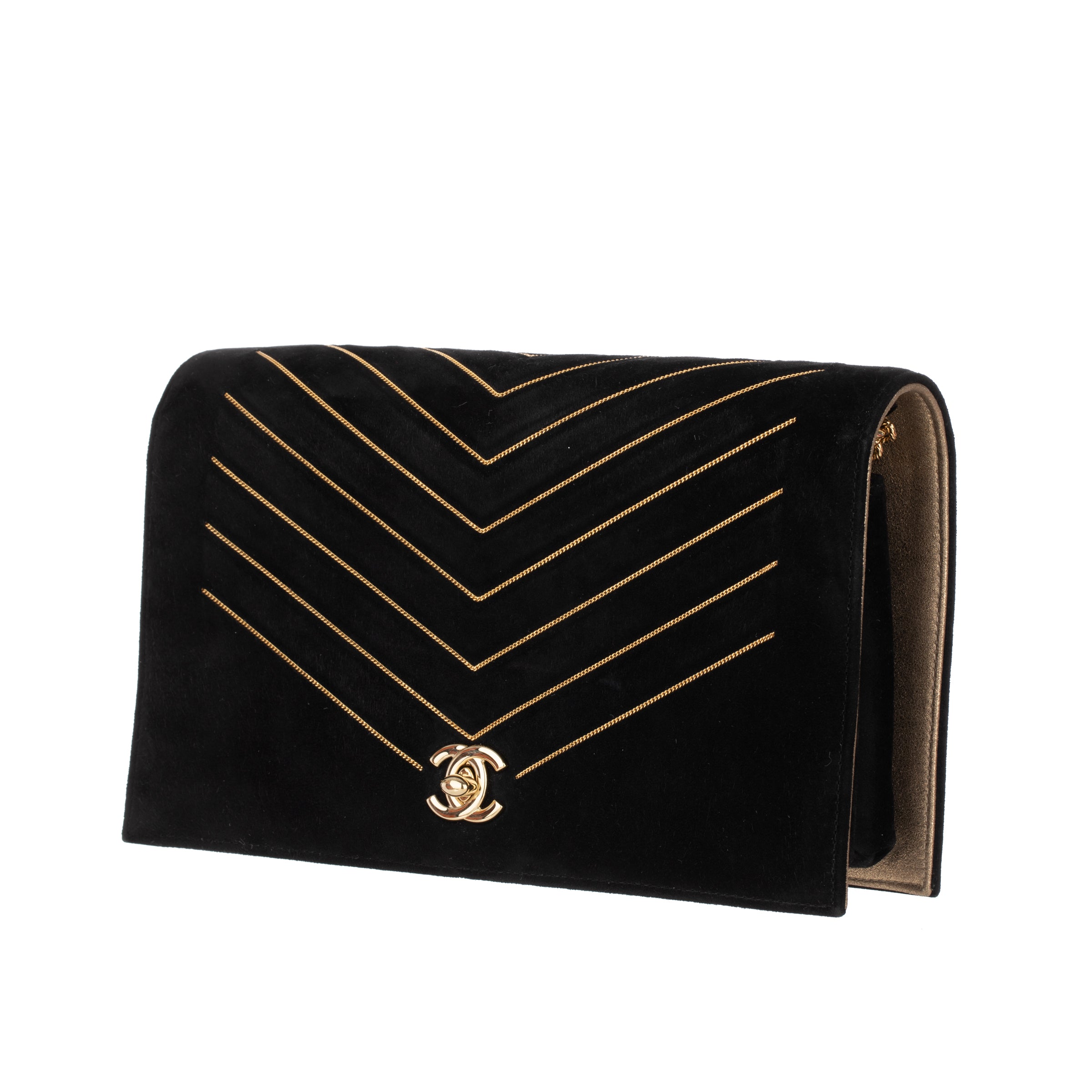 Chanel Book Style Wallet On Chain Black Suede With Geometric Chain Details Gold Tone Hardware