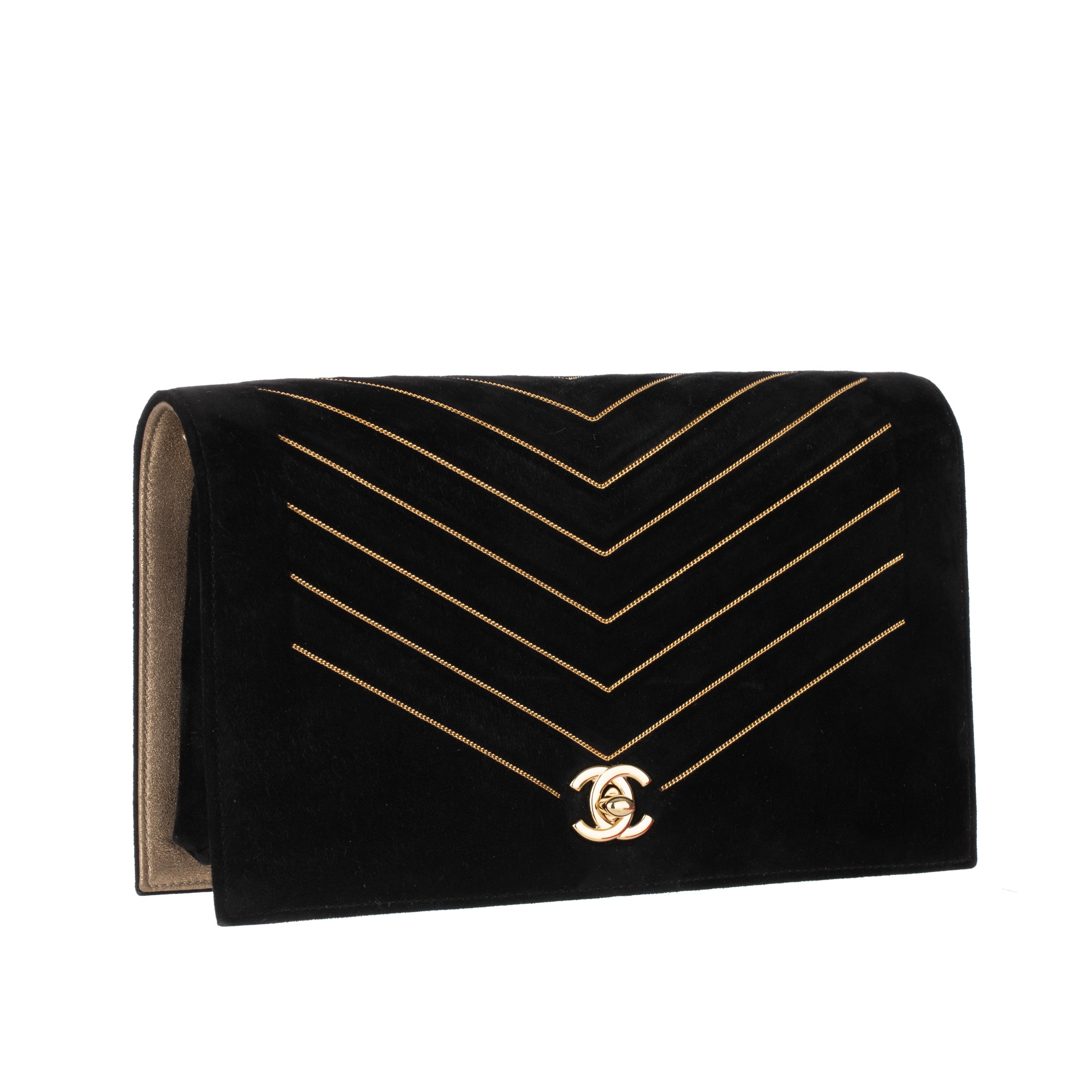 Chanel Book Style Wallet On Chain Black Suede With Geometric Chain Details Gold Tone Hardware