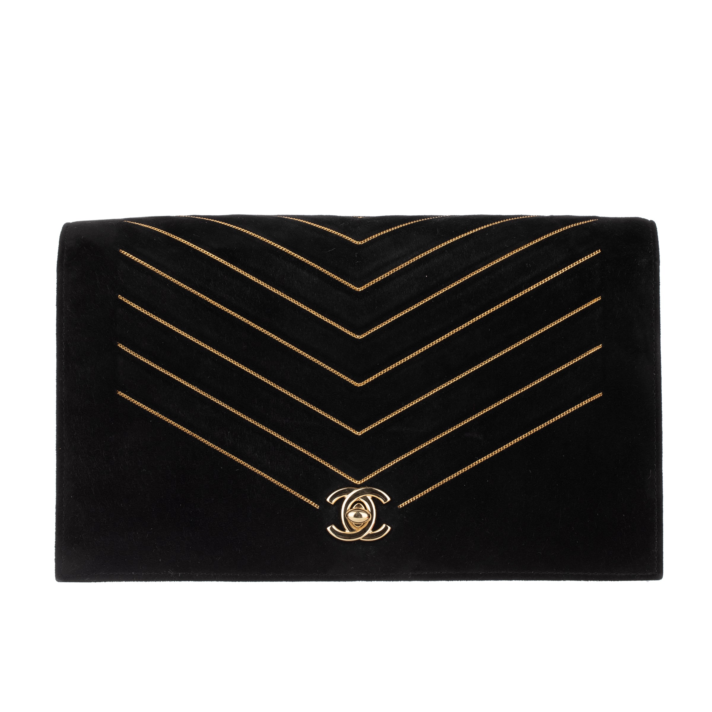 Chanel Book Style Wallet On Chain Black Suede With Geometric Chain Details Gold Tone Hardware