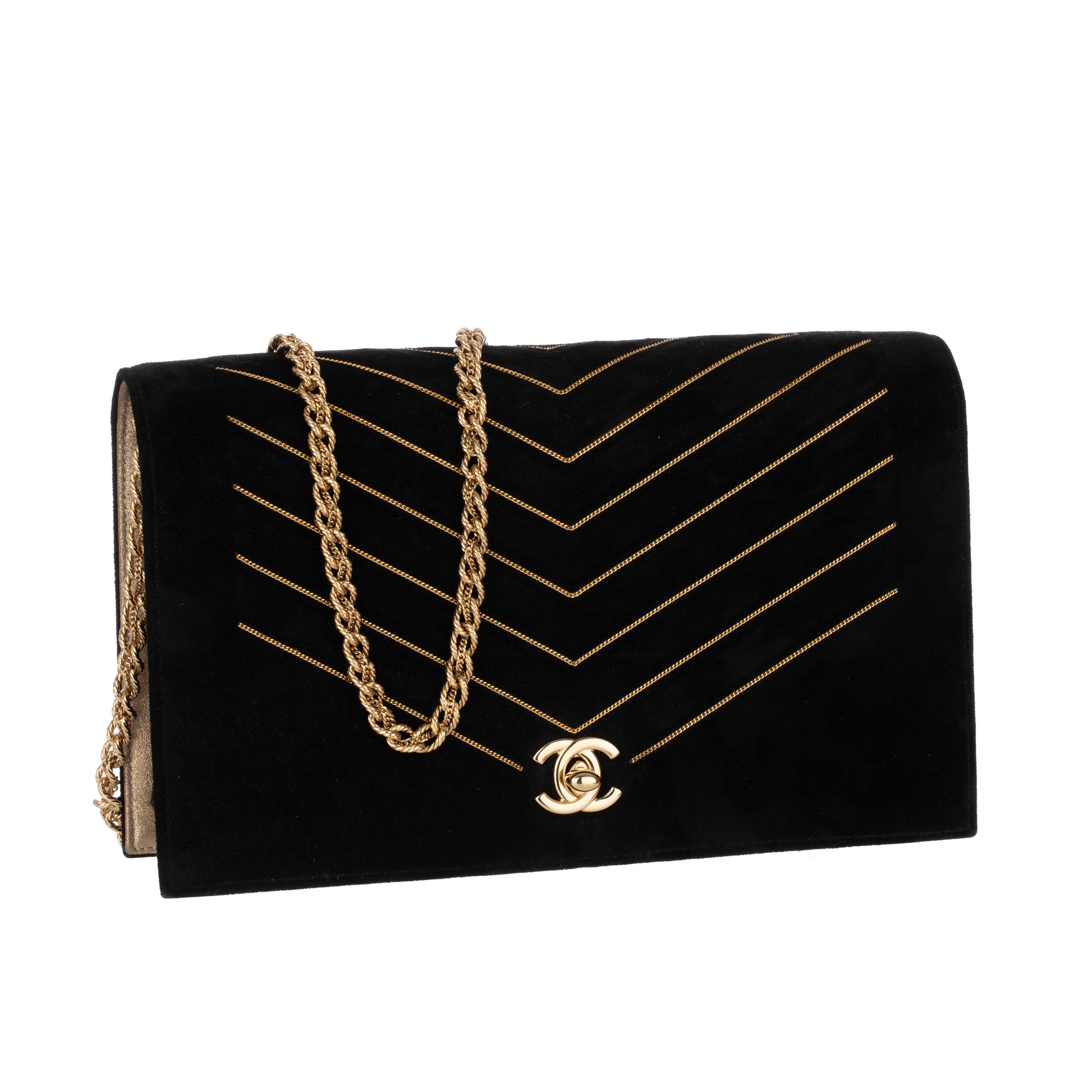 Chanel Book Style Wallet On Chain Black Suede With Geometric Chain Details Gold Tone Hardware