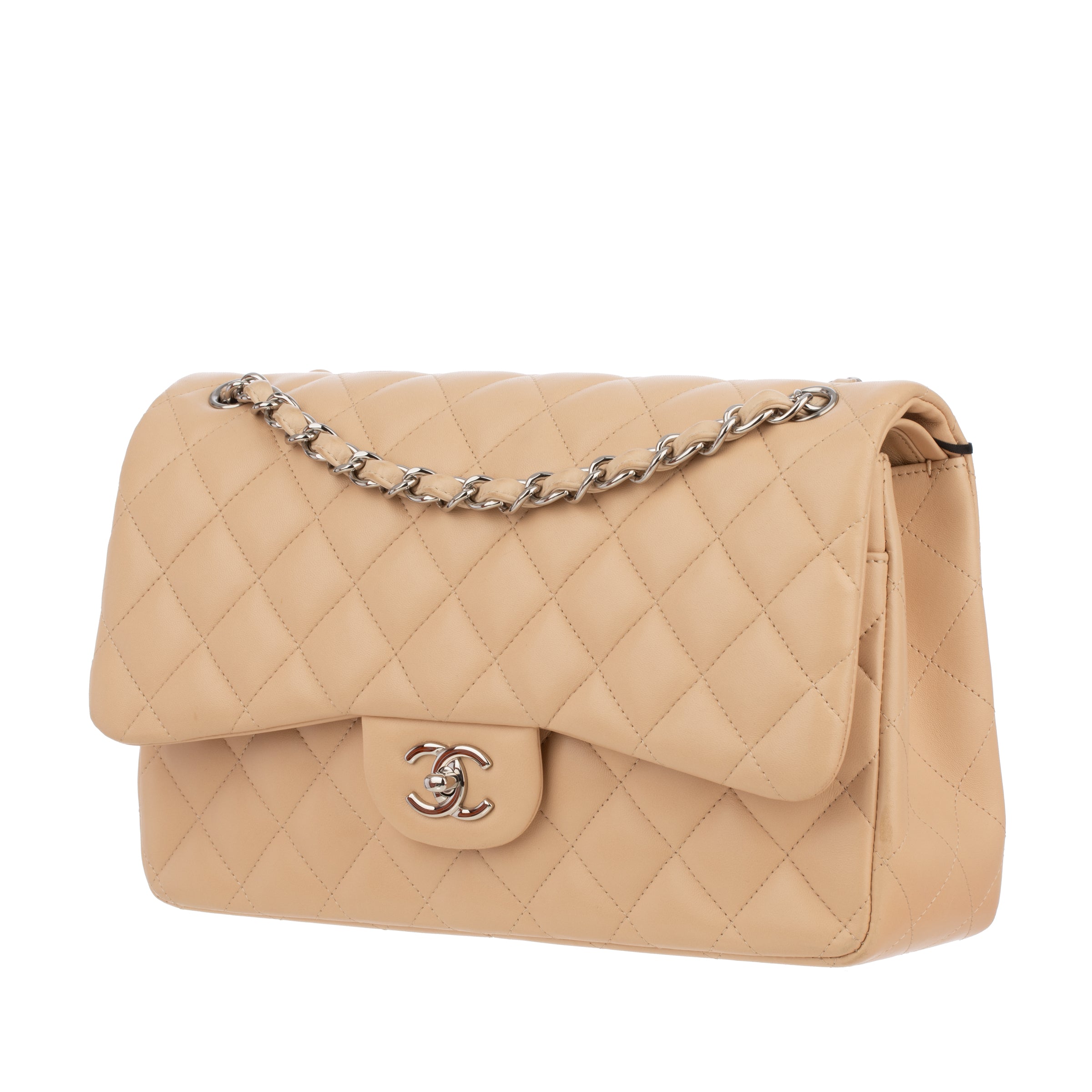 Chanel Classic Jumbo Double Flap Beige Quilted Lambskin Leather Silver-Tone Hardware