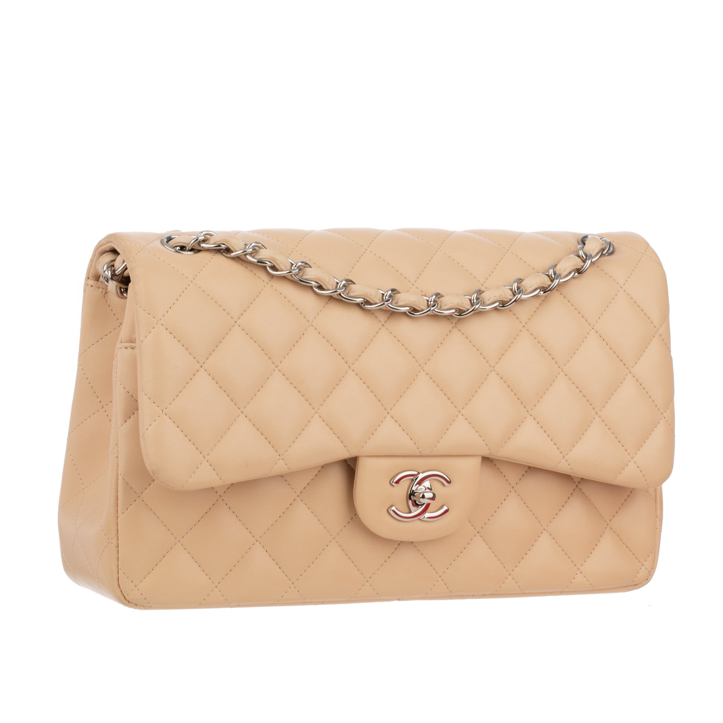 Chanel Classic Jumbo Double Flap Beige Quilted Lambskin Leather Silver-Tone Hardware