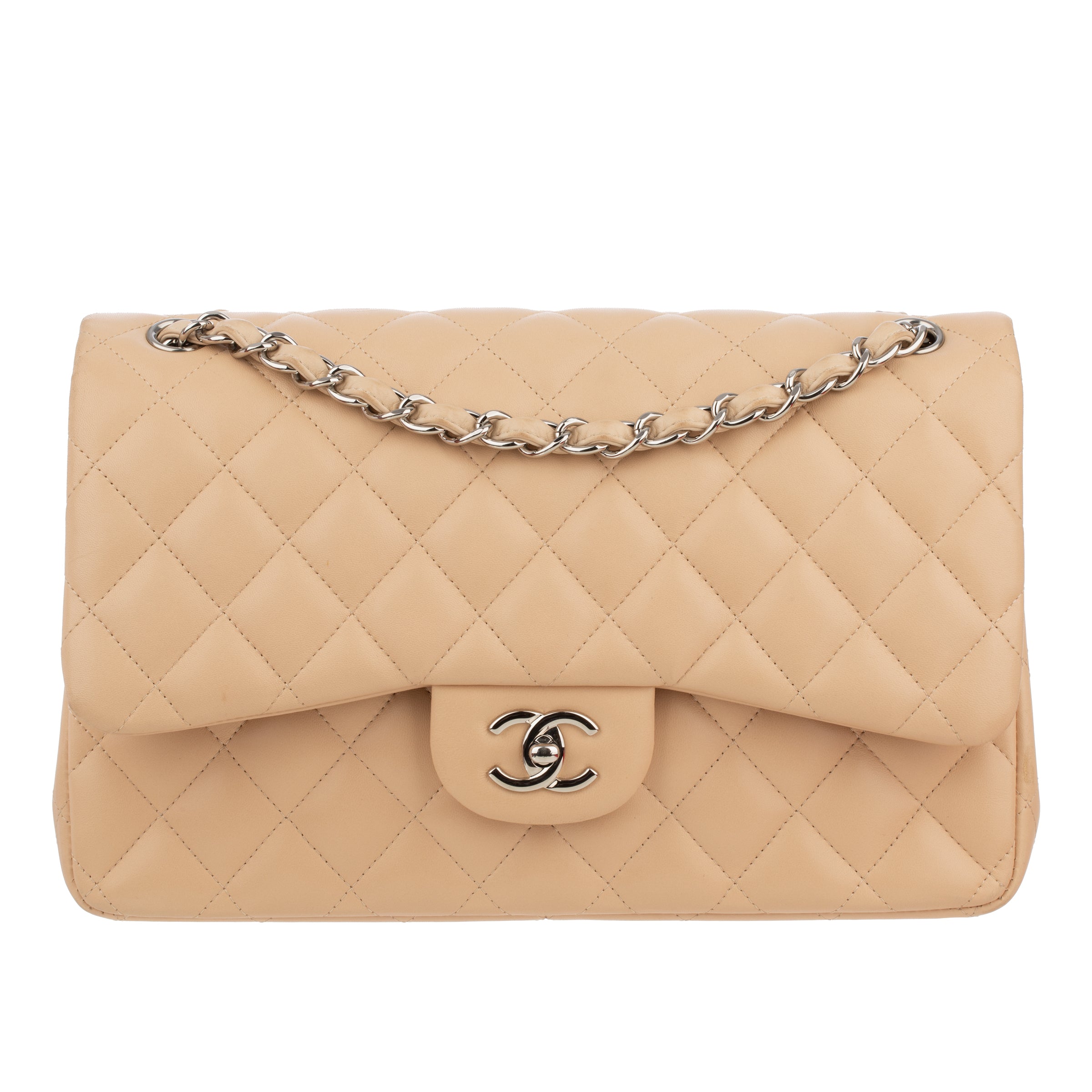 Chanel Classic Jumbo Double Flap Beige Quilted Lambskin Leather Silver-Tone Hardware