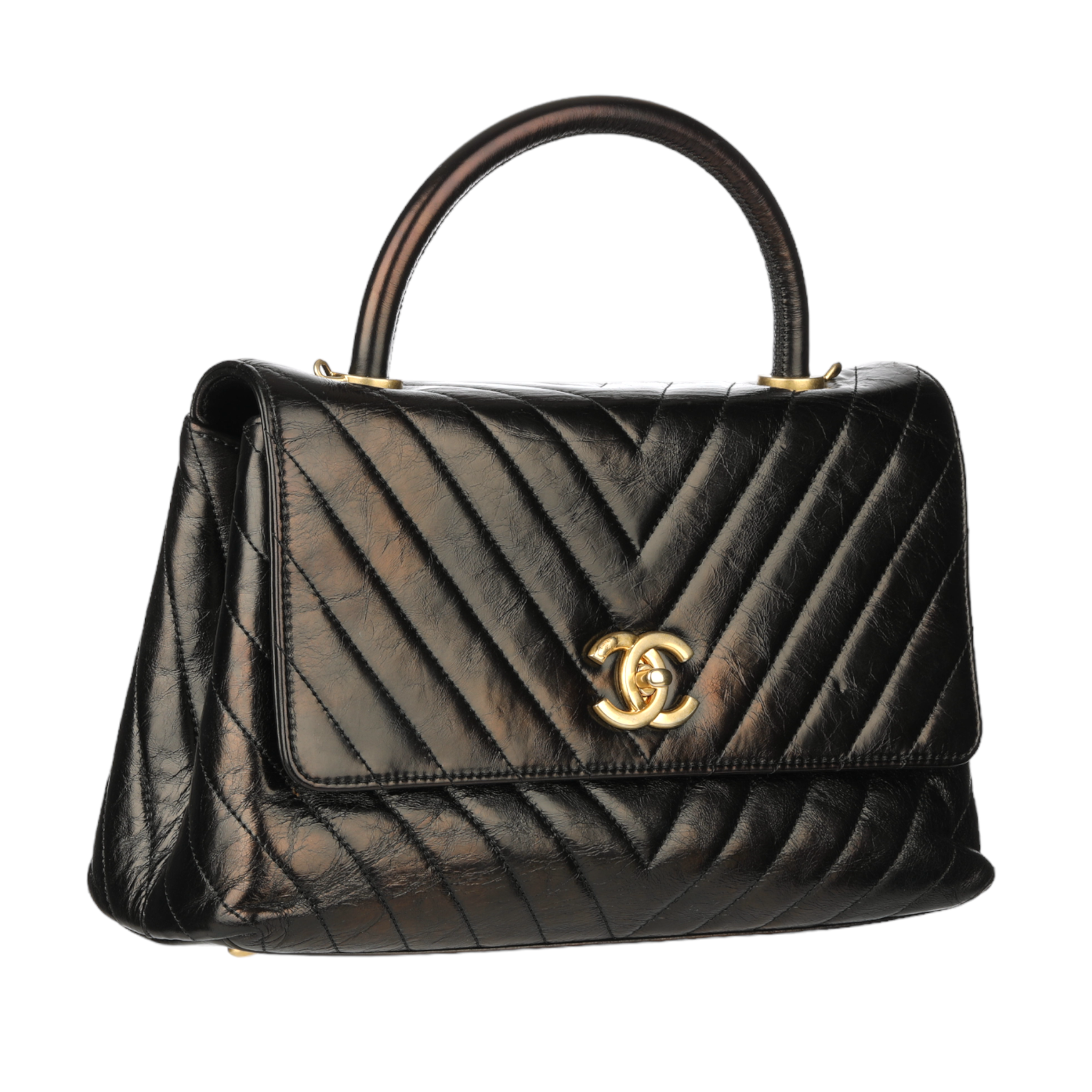 Chanel Coco Top Handle Black Chevron Lambskin Leather