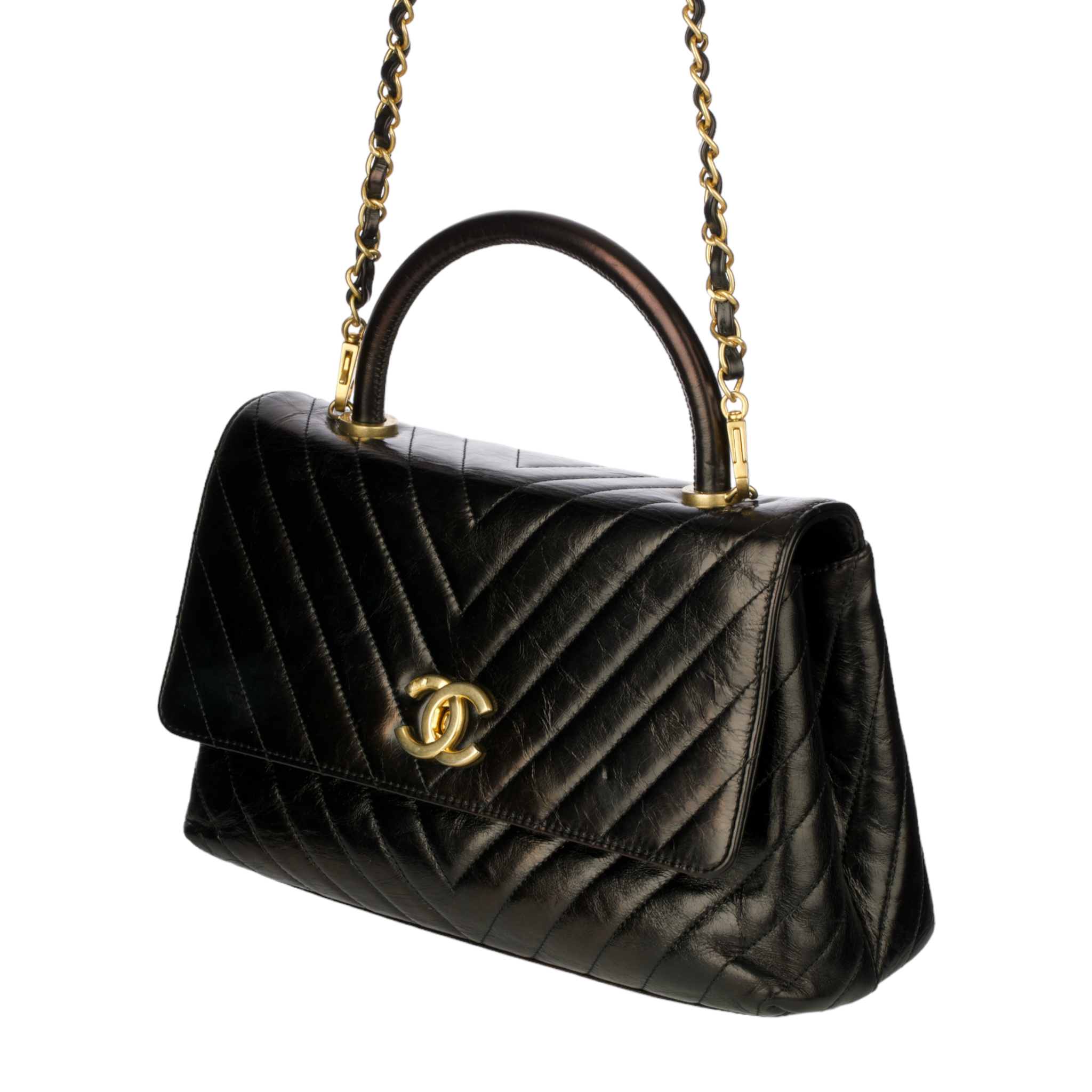 Chanel Coco Top Handle Black Chevron Lambskin Leather