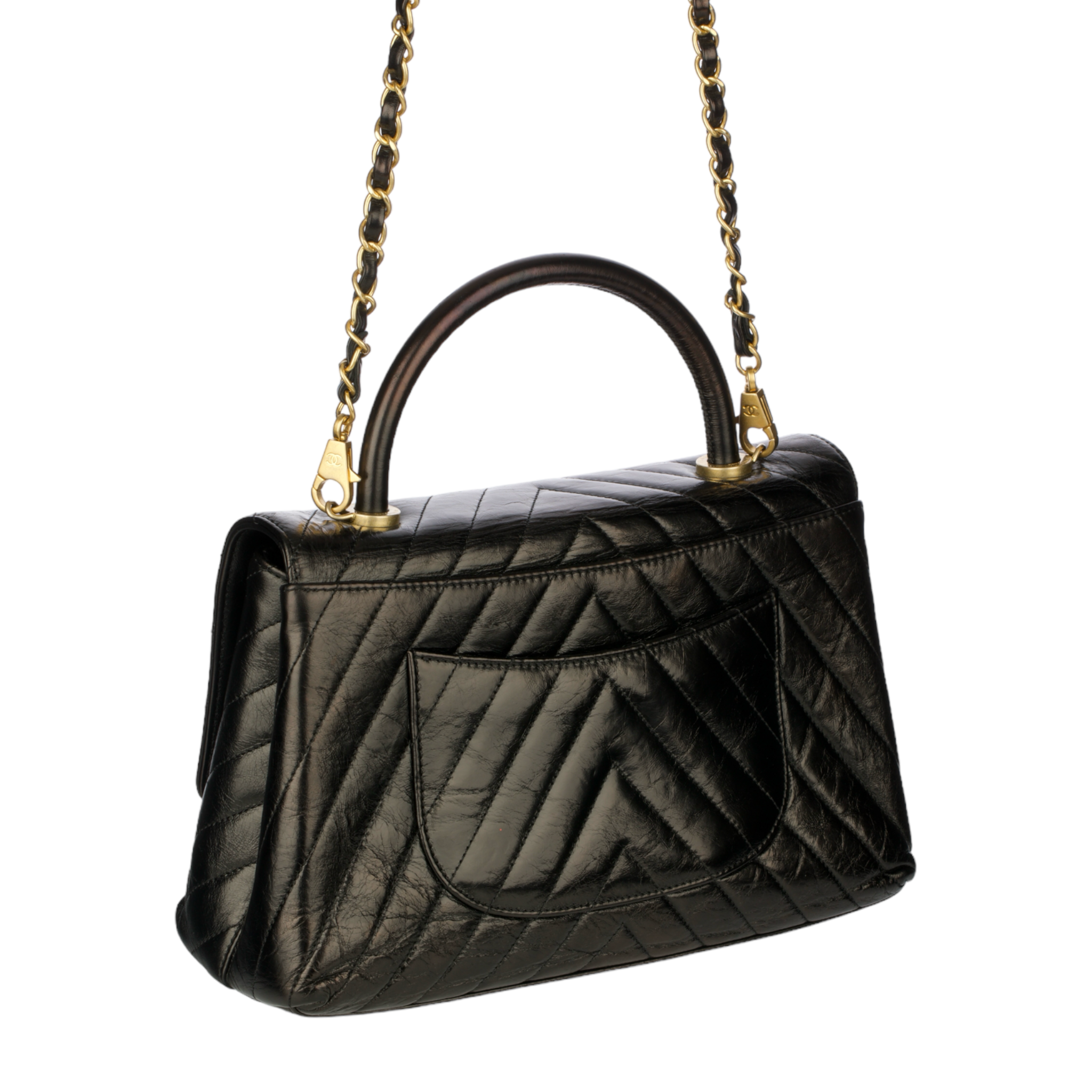 Chanel Coco Top Handle Black Chevron Lambskin Leather