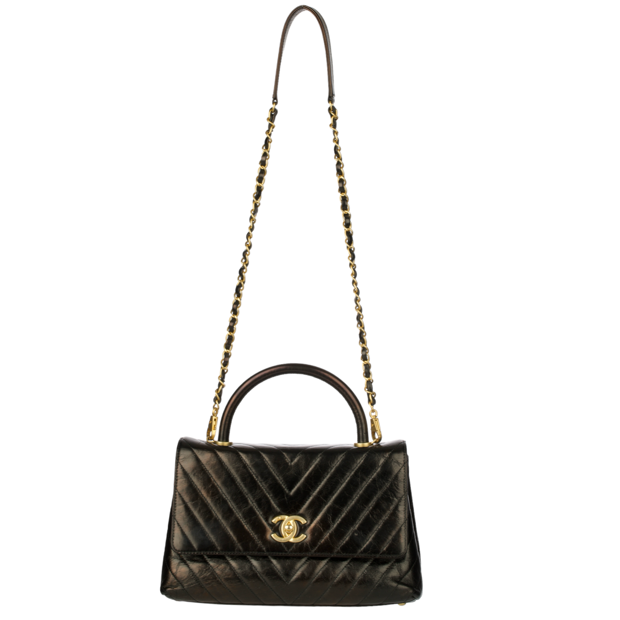 Chanel Coco Top Handle Black Chevron Lambskin Leather