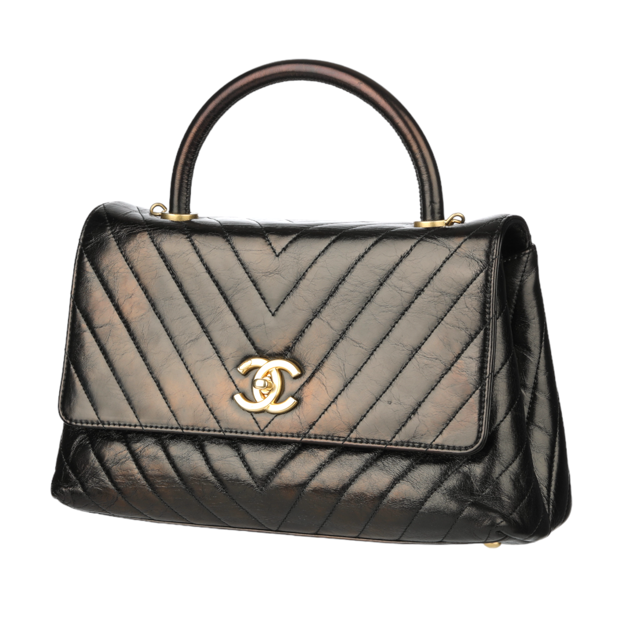 Chanel Coco Top Handle Black Chevron Lambskin Leather