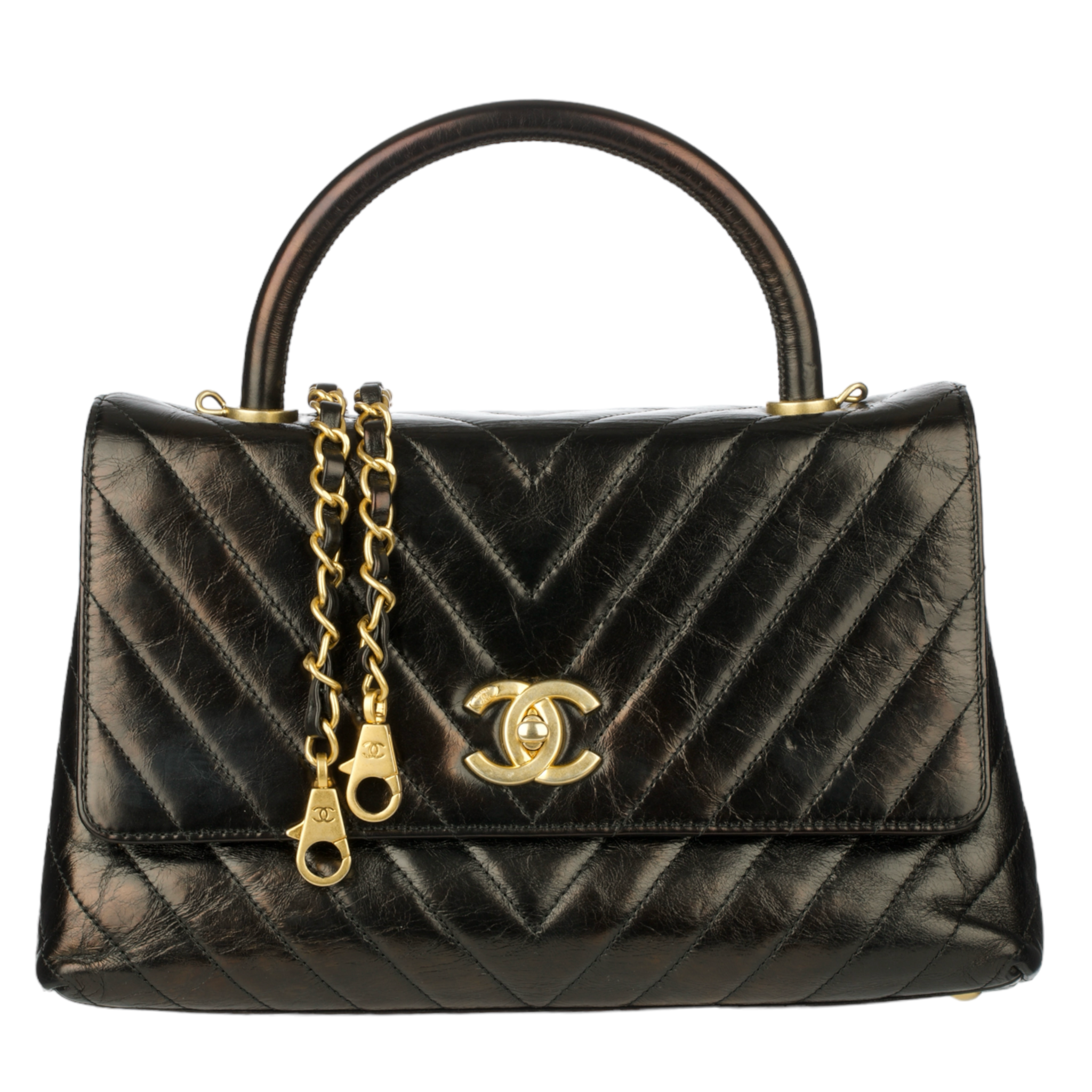 Chanel Coco Top Handle Black Chevron Lambskin Leather