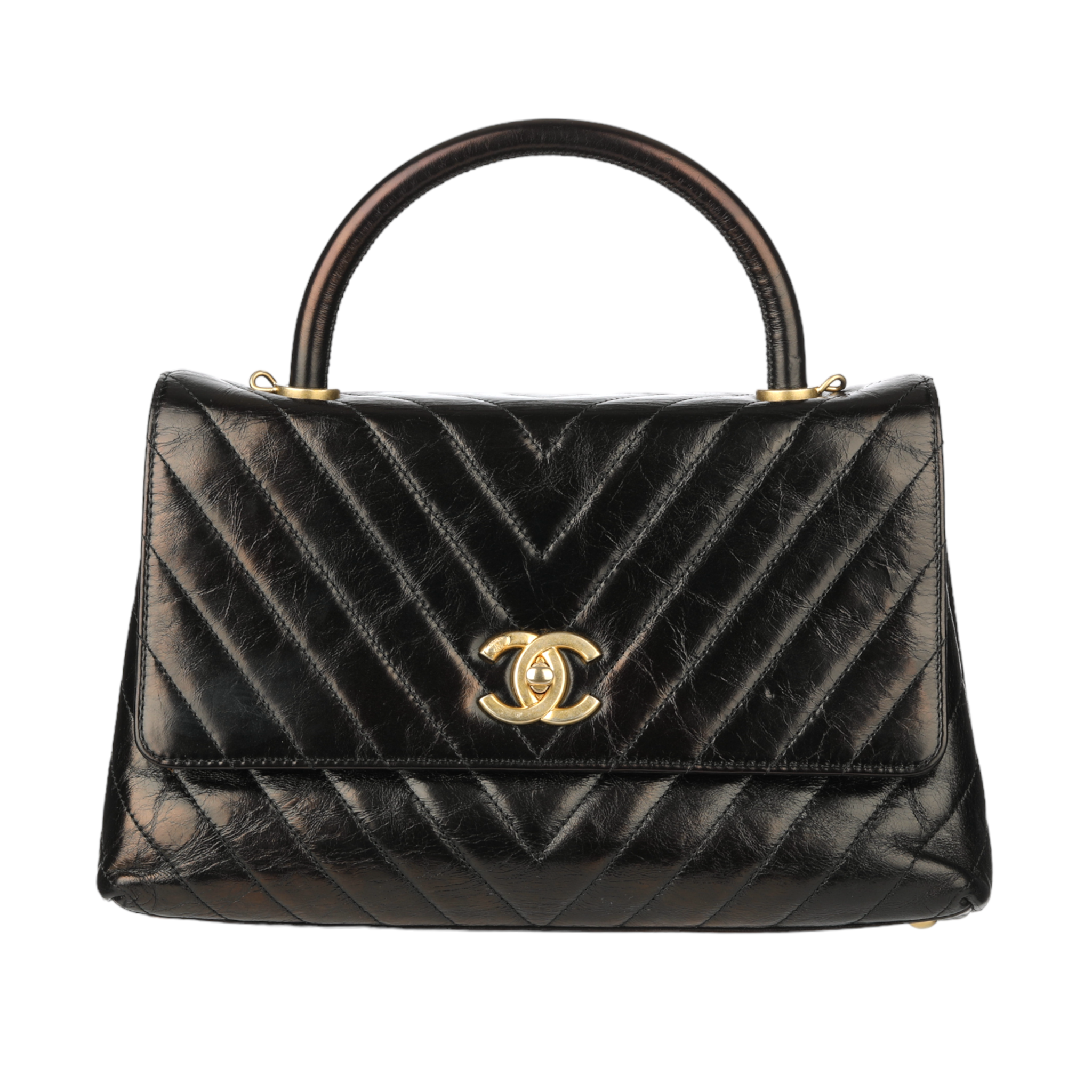 Chanel Coco Top Handle Black Chevron Lambskin Leather