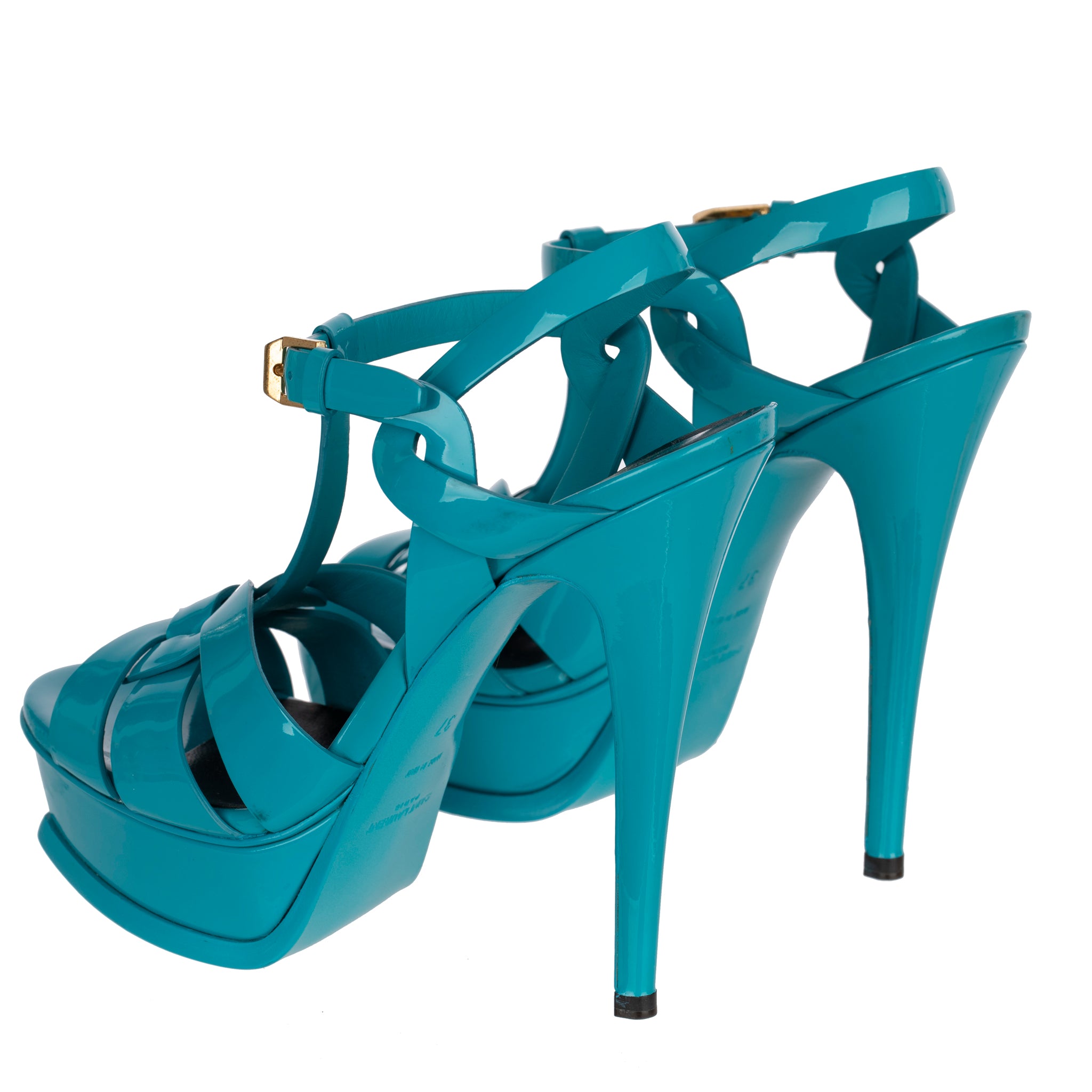 Yves Saint Laurent Turquoise Patent Leather Tribute Platform Sandals 37 FR