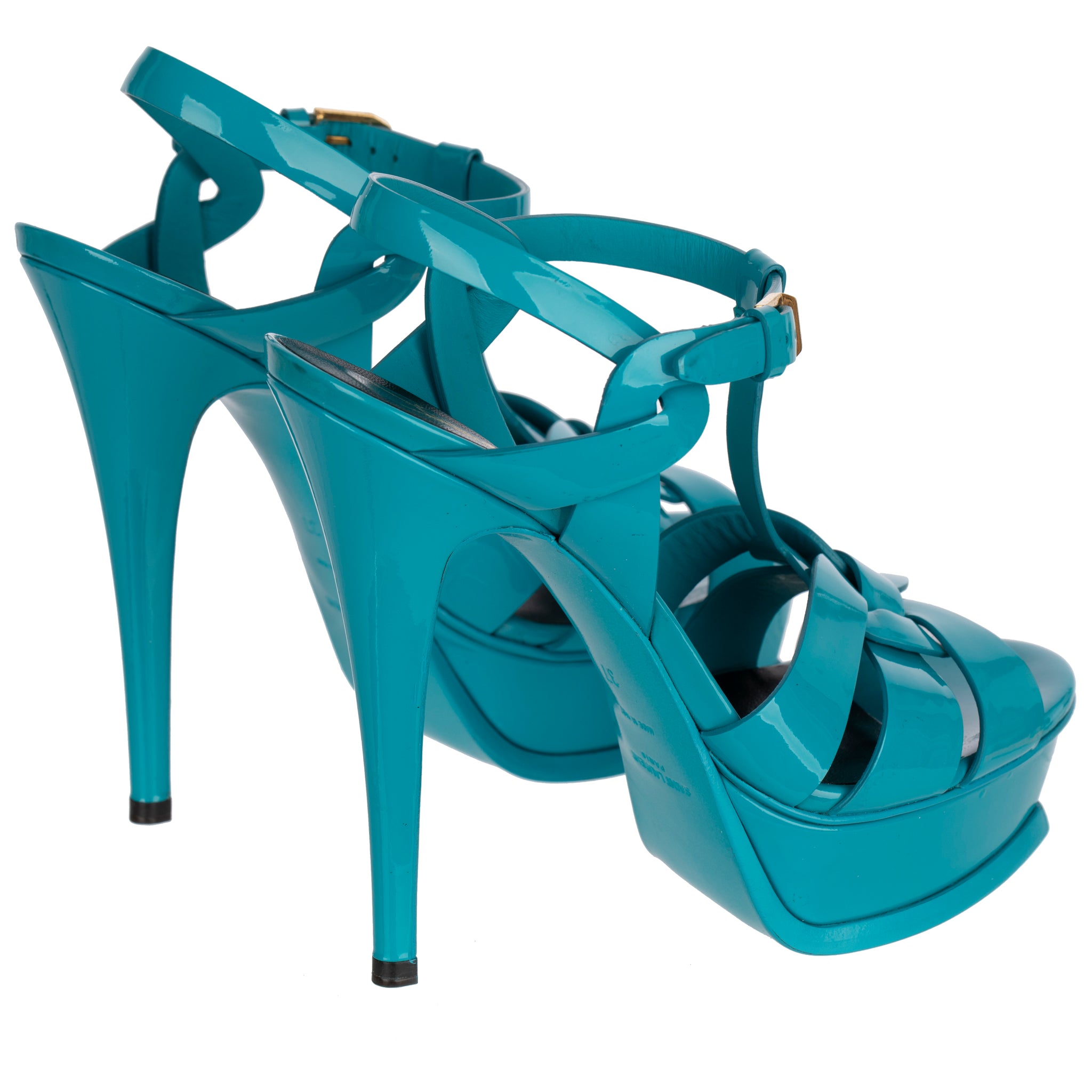 Yves Saint Laurent Turquoise Patent Leather Tribute Platform Sandals 37 FR